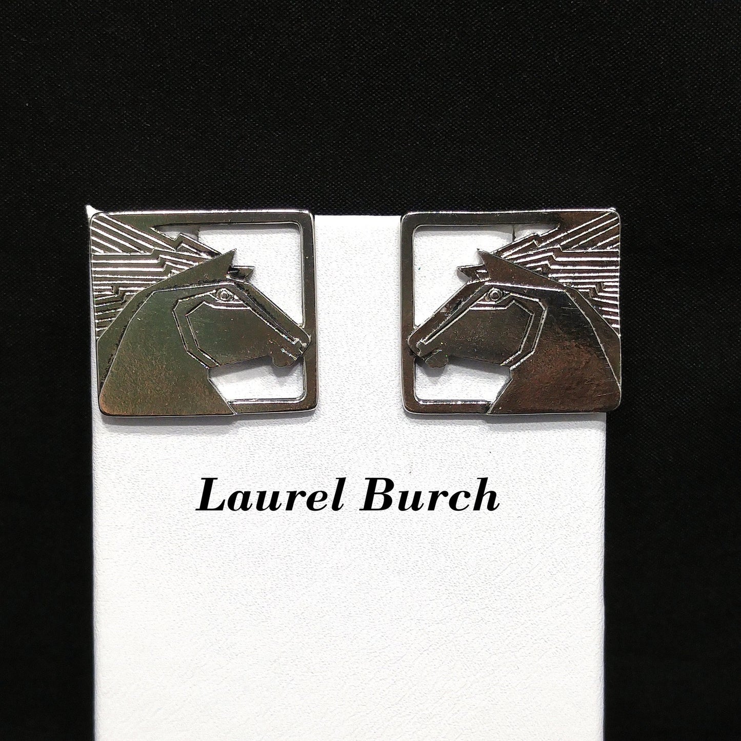 Vintage Laurel Burch Stallion Horse Post Earrings, Rhodium Plated