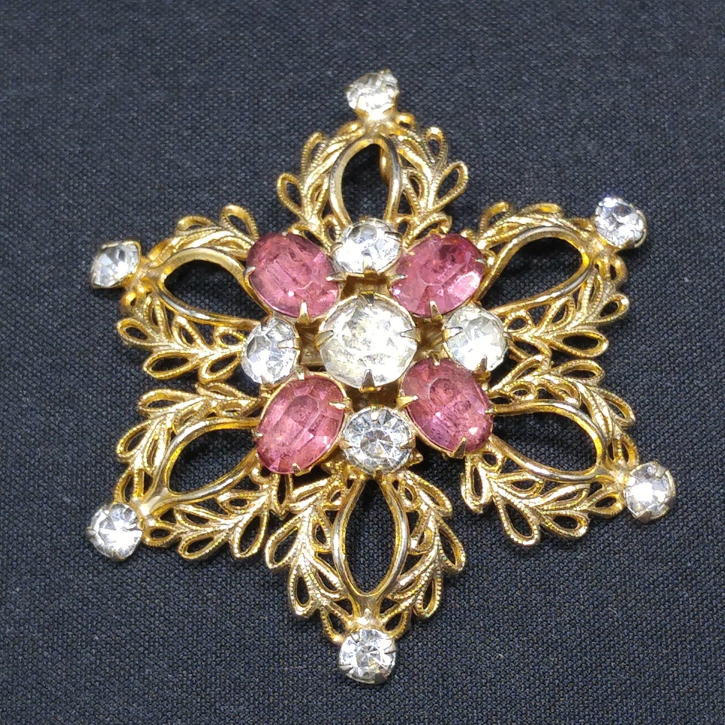 Scitarelli Mid-century Pink Clear Rhinestone Floral Brooch Pendant, 1950s Vintage Jewelry