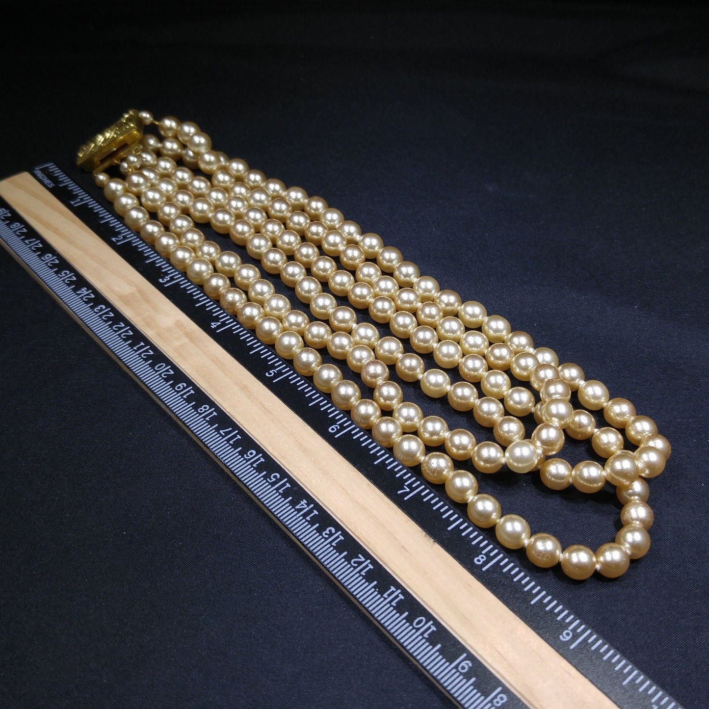 Faux Pearl Champagne Necklace, Three Strands, Glass Pearls, 1960s Vintage Jewelry