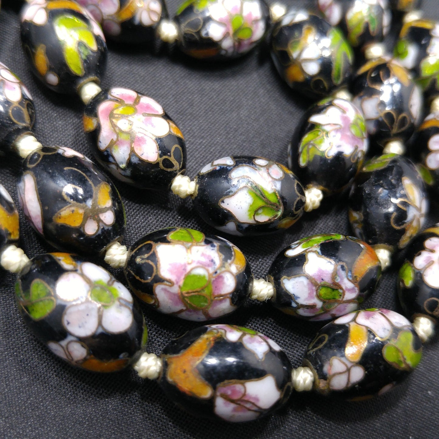 Vintage Cloisonné Beaded Necklace, Black Hand Painted Floral Beads, 1960s Vintage Jewelry