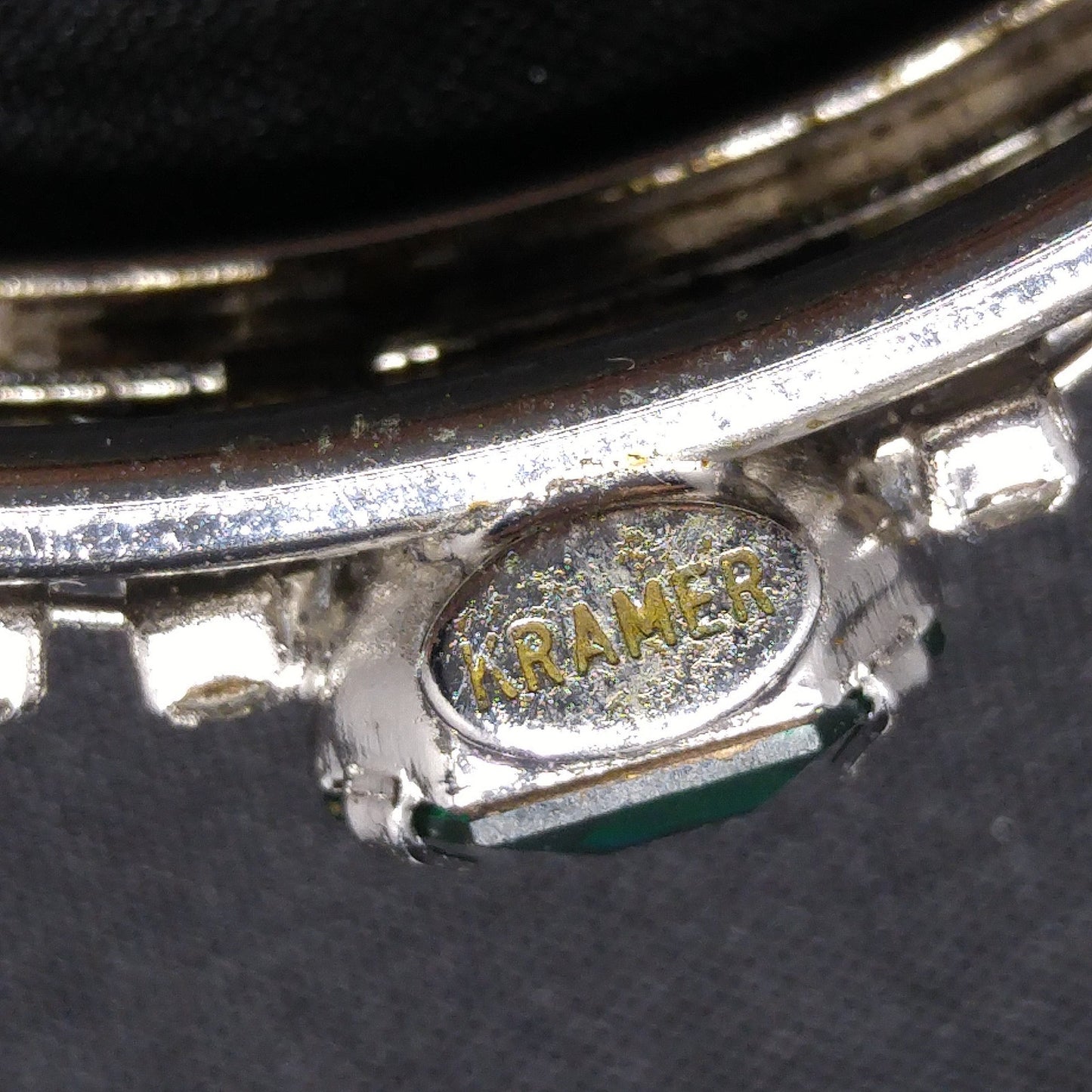 Kramer Green Rhinestone Hinged Bracelet, Safety Chain, 1960s Vintage Jewelry