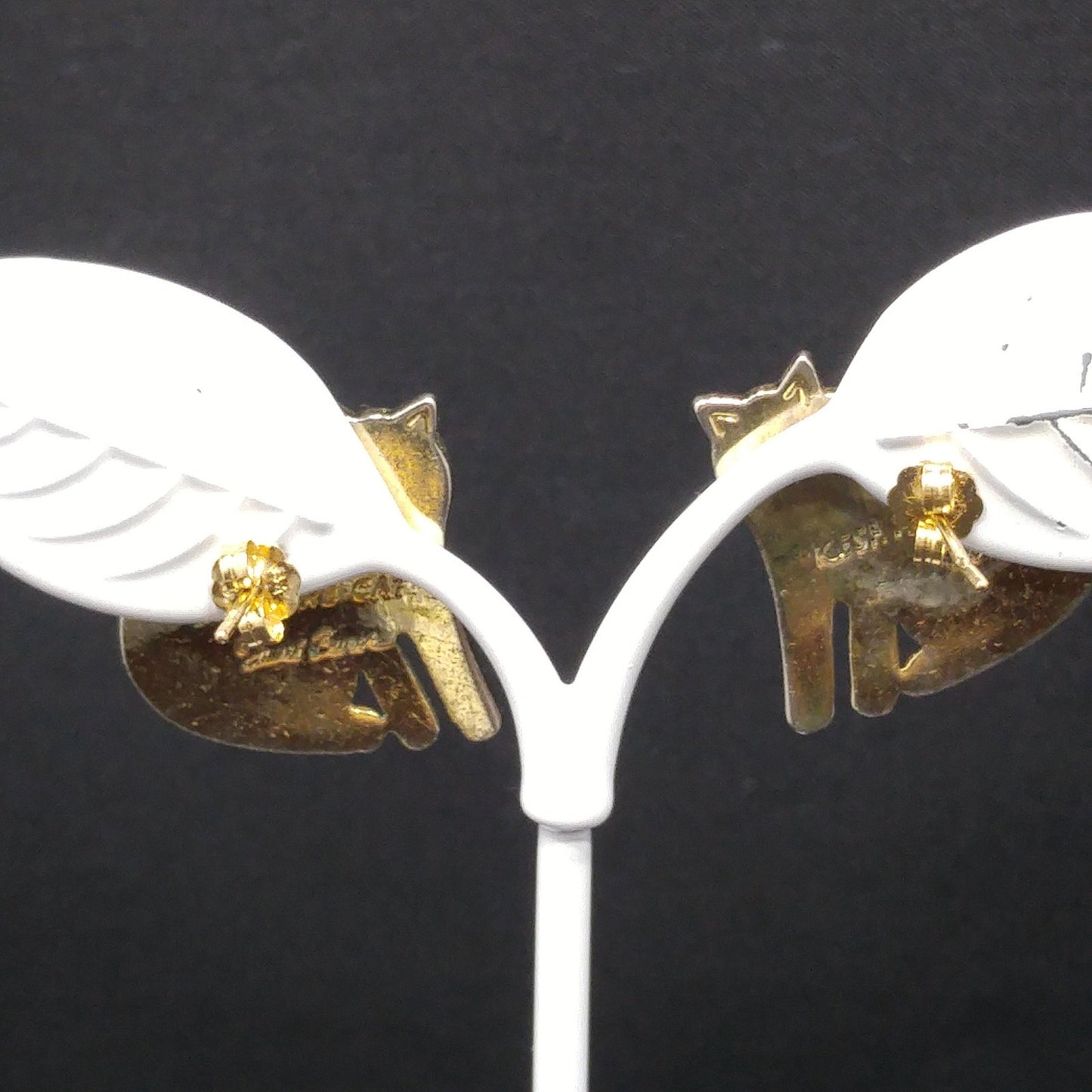 Vintage Laurel Burch "Keshire Cat" Black Post Earrings, Gold Plated