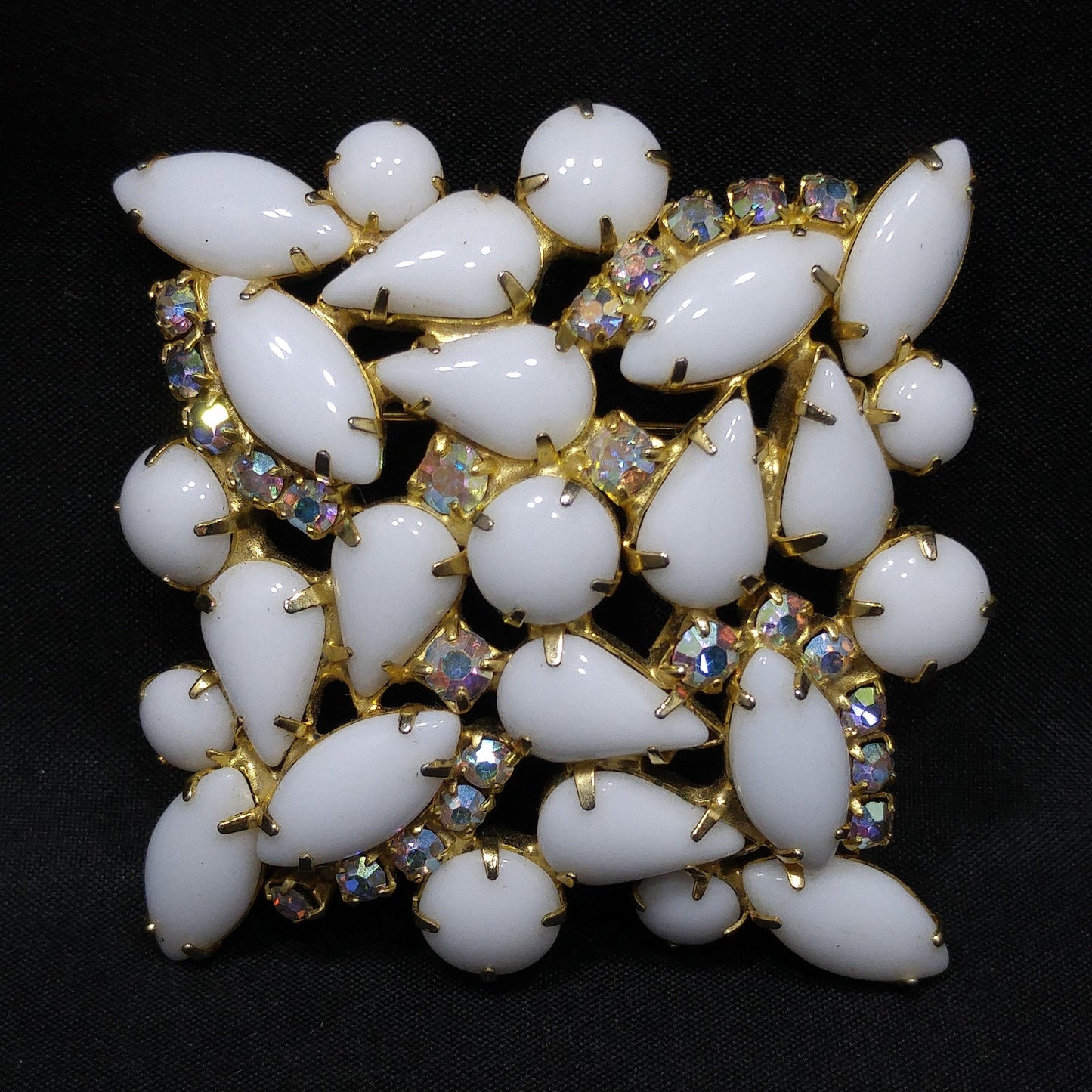 White Milk Glass AB Rhinestones Brooch, Aurora Borealis, Gold Plated, 1960s Vintage Jewelry