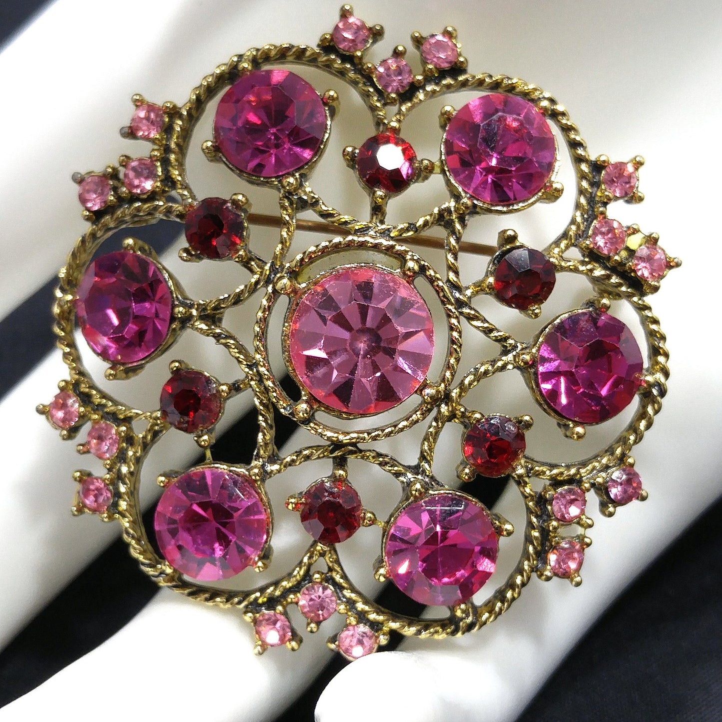 Weiss Pink Rhinestone Brooch, Antique Gold Rope Pin, 1960s Vintage Jewelry
