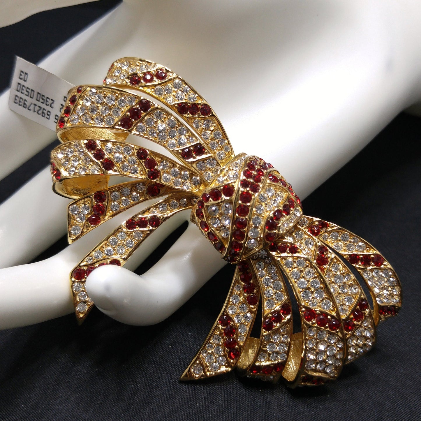 Ciner Red and Clear Rhinestone Bow Brooch – Vintage Gold Plated Large Statement Pin