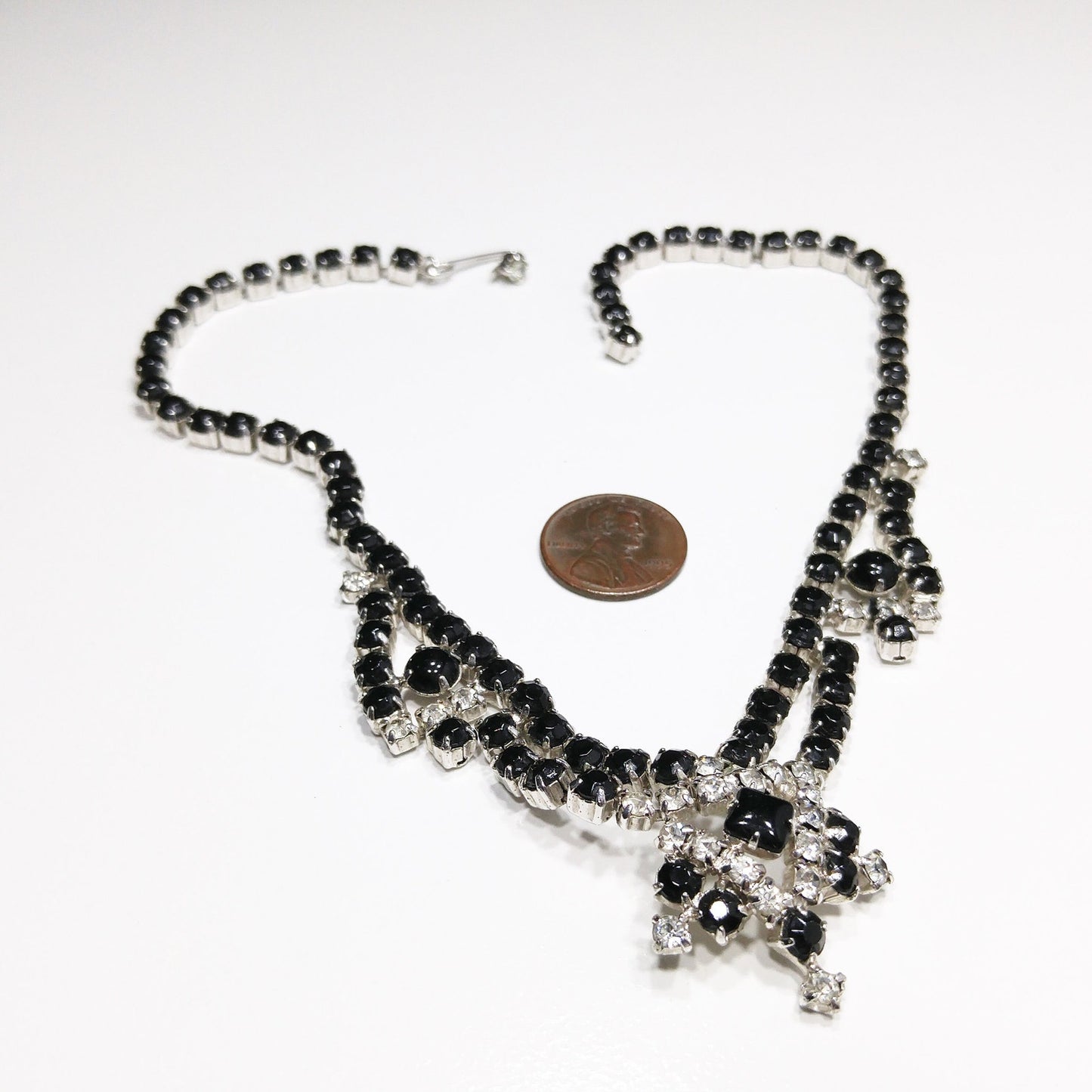 Vintage Black & Clear Rhinestone Festoon Necklace, Rhodium Plating, 1950s