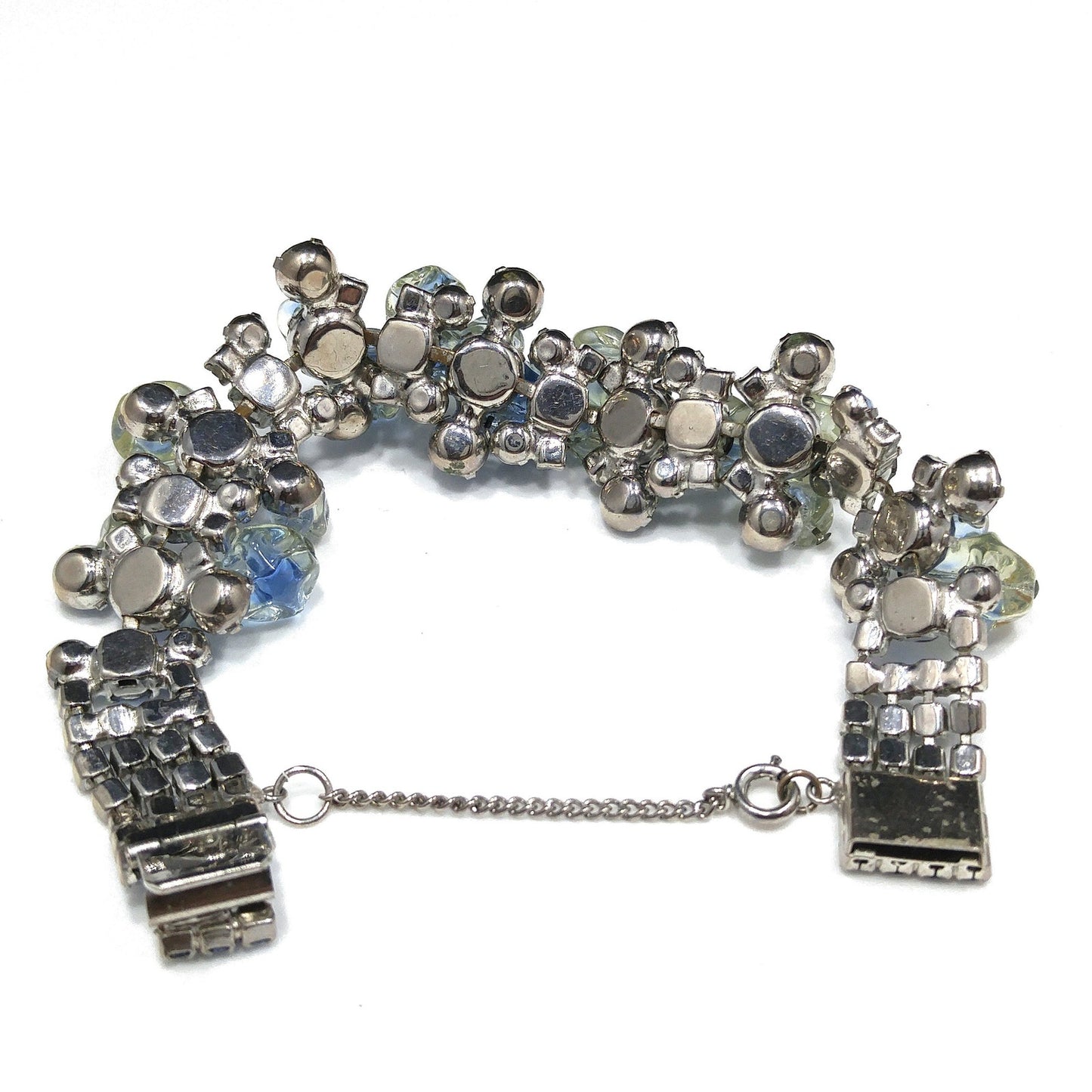 Light Blue AB Rhinestone Bracelet, Glass Dangle Clear Beads, Rhodium Plated, 1950s Vintage Jewelry