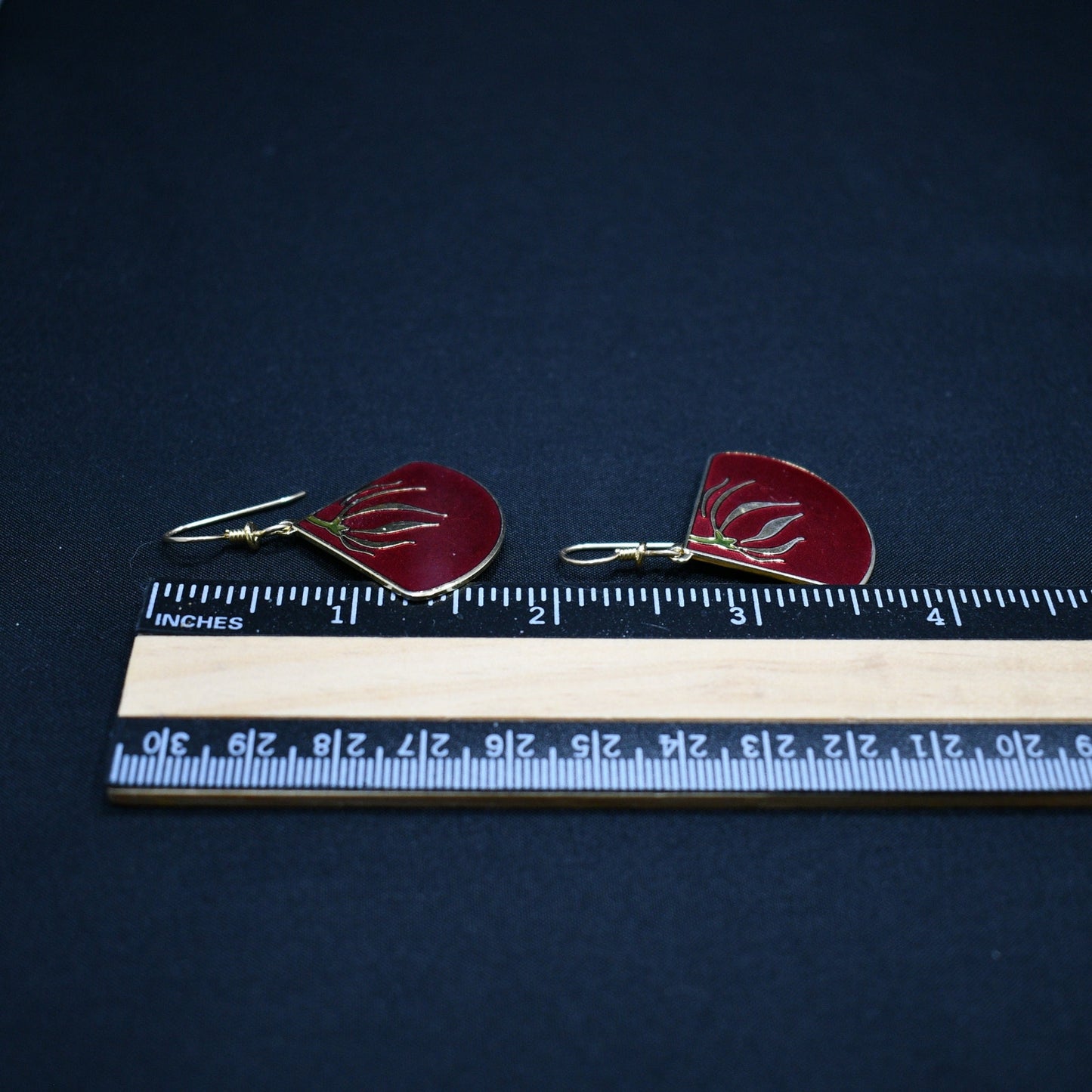 Laurel Burch "Willow Fan" Earrings, Gold Plated, Cloisonne Red Enamel, 1980s