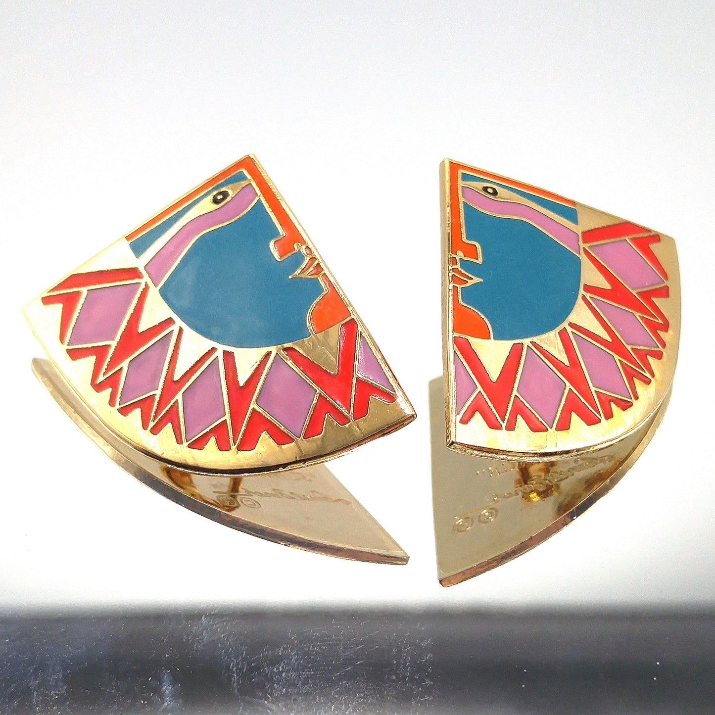 Laurel Burch "Sunface" Clip Earrings, Gold Plated Cloisonne Enamel, 1980s Vintage Jewelry