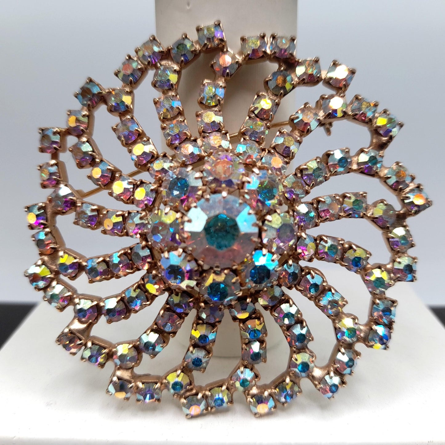 Mid-Century Aurora Borealis Rhinestone Brooch, Gold Plated, 1960s Vintage Jewelry