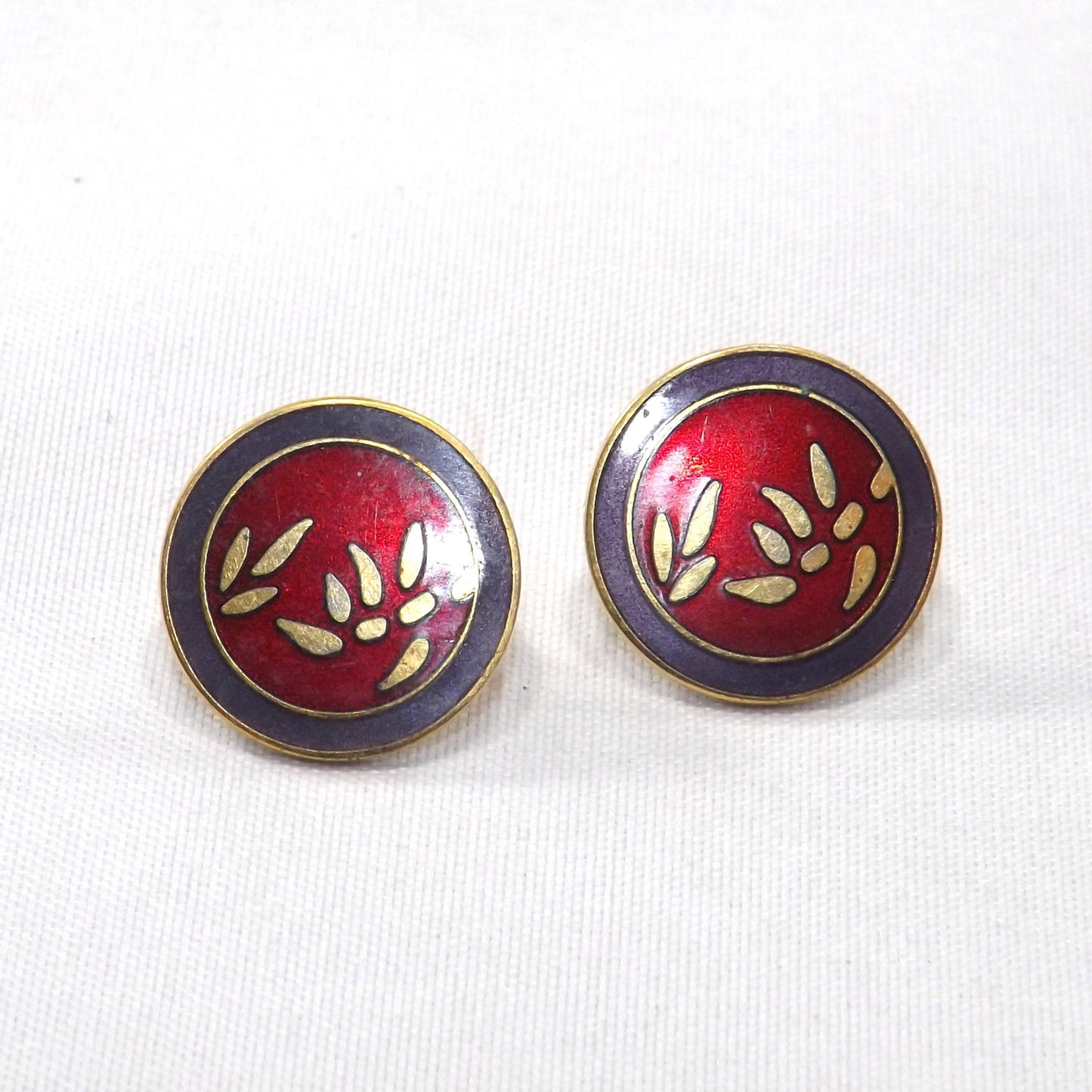 Laurel Burch Bamboo Red Post Earrings, Cloisonné Gold Plated, 1980s Vintage