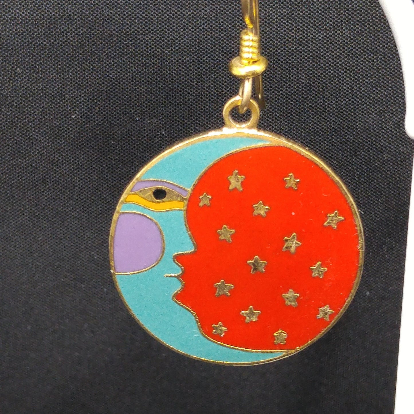 Vintage Laurel Burch "Moonface" Earrings, Moon Sky Stars Celestial, 1980s Vintage Jewelry