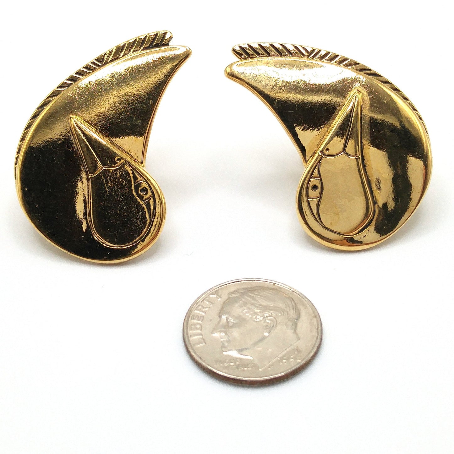 Vintage Laurel Burch Bird Clip Earrings, Reflective Gold Plated