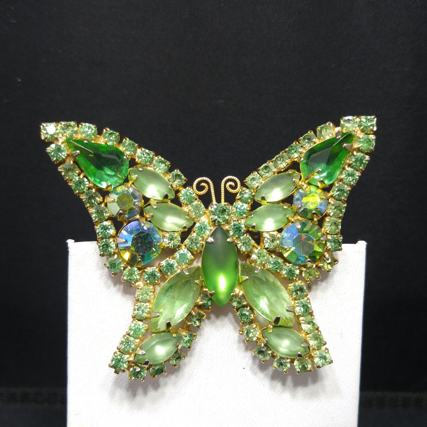 Vintage Weiss Peridot Green Rhinestone Butterfly Brooch, Uranium Glass, Gold Plated, 1950s