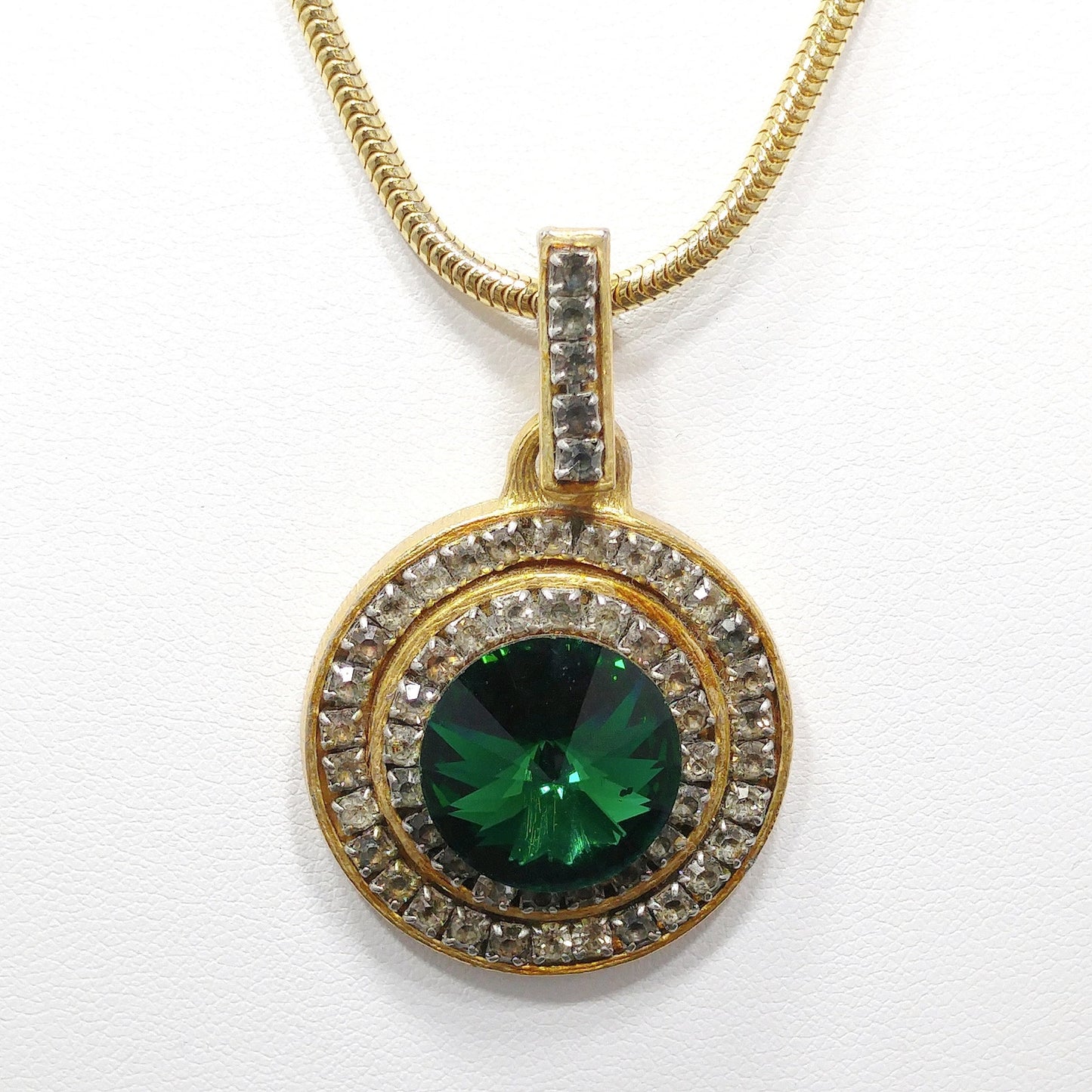 Vintage Green Rivoli Necklace & Earrings, Pave Clear Rhinestones, 1970s Vintage Jewelry