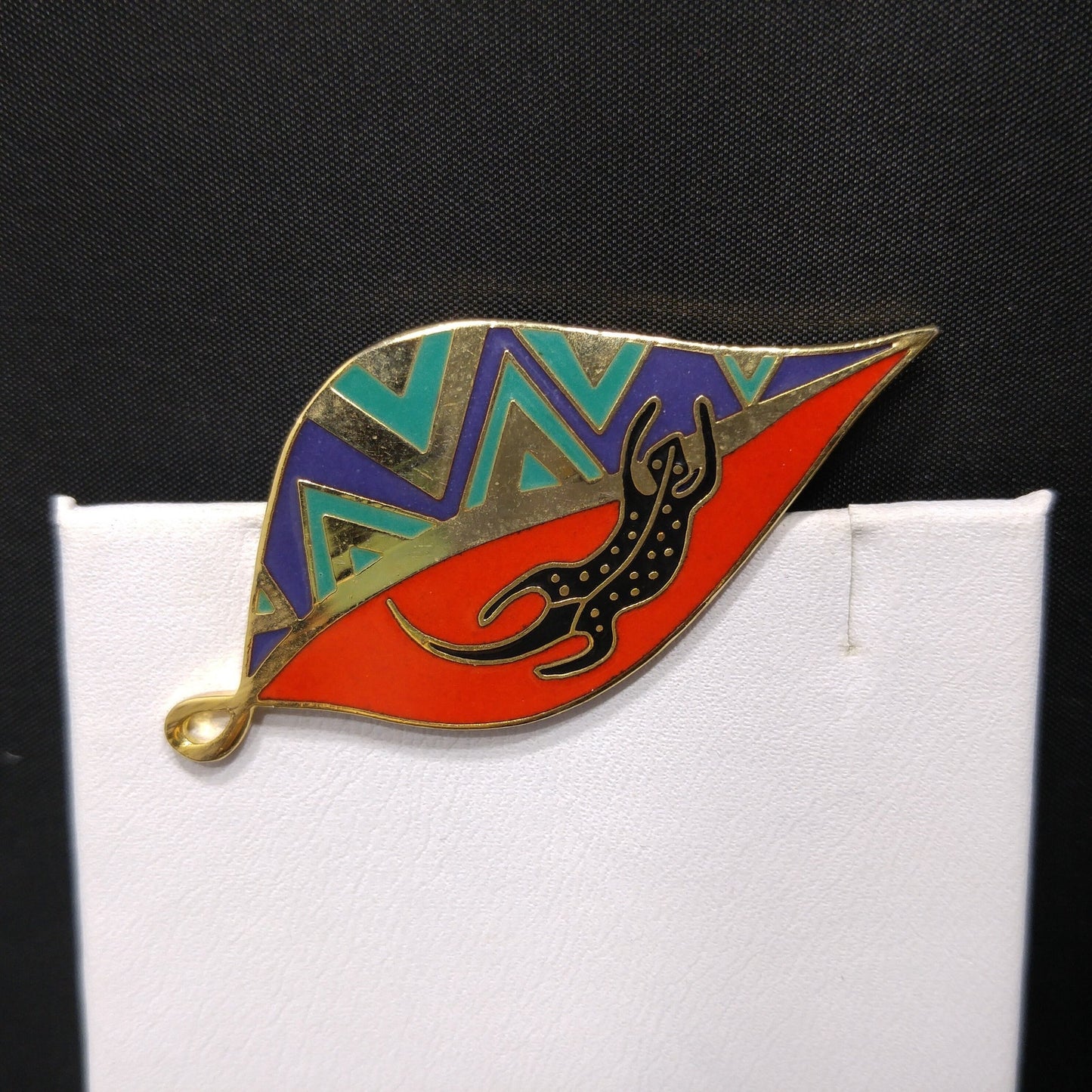 Laurel Burch "Leaf Lizard" Brooch & Pendant, Cloisonné Gold Plated, Enamel, 1980s Vintage Jewelry