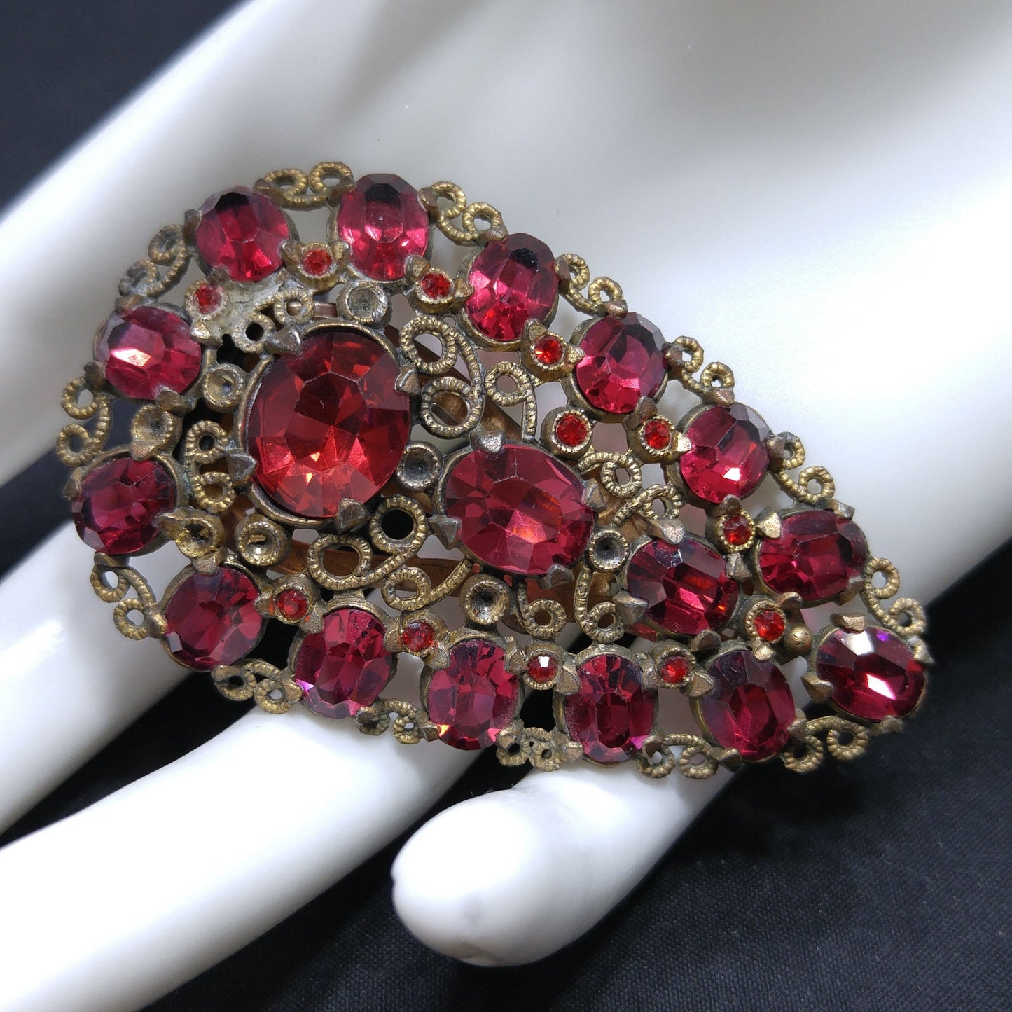 Antique Red Rhinestone Filigree Dress Clip, 1920s Vintage Jewelry