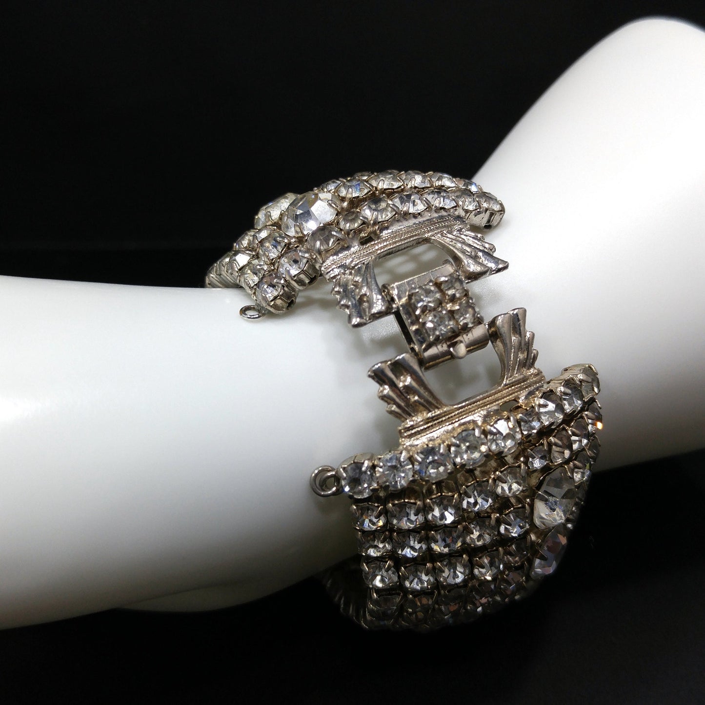 Mid Century Clear Rhinestone Wide Bracelet, 22K Gold Plate, 1950s Vintage Jewelry