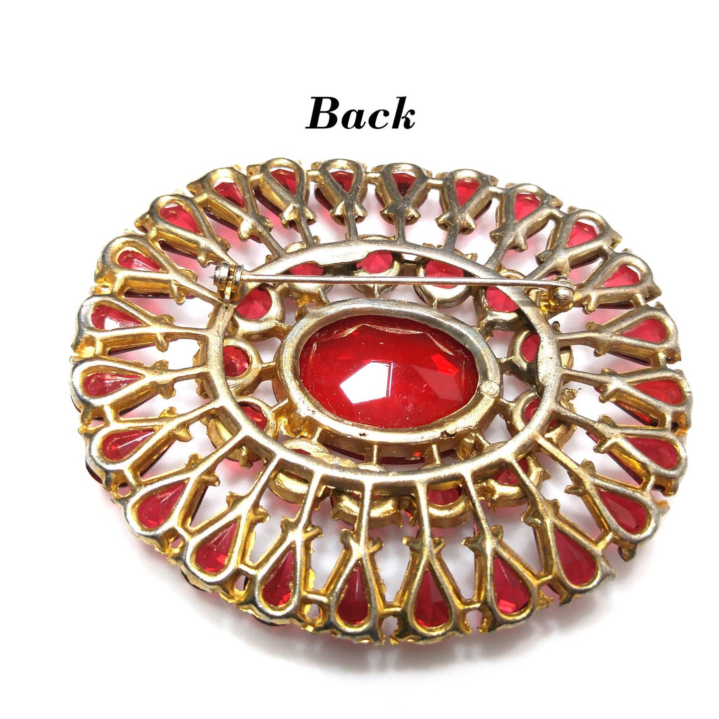 Large Red Rhinestone Sash Pin Brooch, Faceted Red Glass Stone Center, 1940s Vintage Jewelry