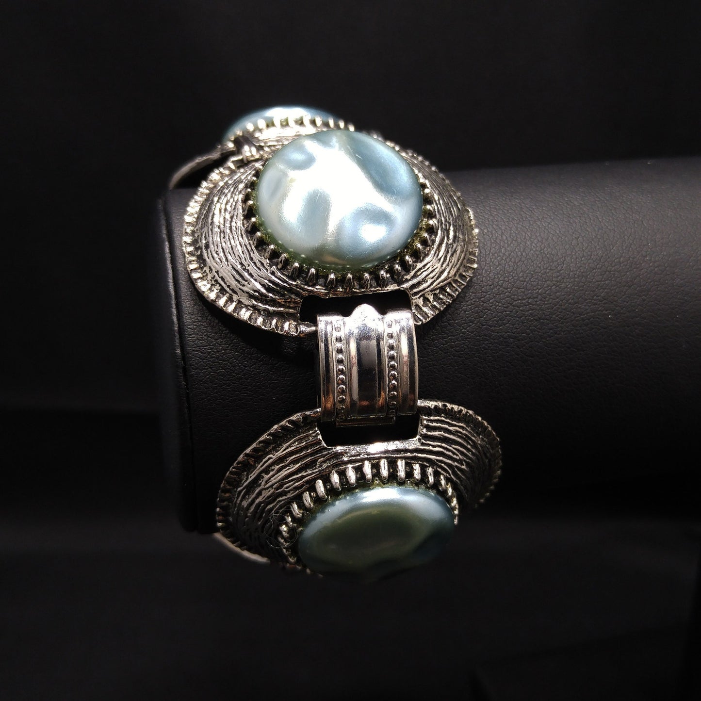 Mid-century Silver Tone Five Link Bracelet, Gold Plated, Blue Lucite Pearled & Clear