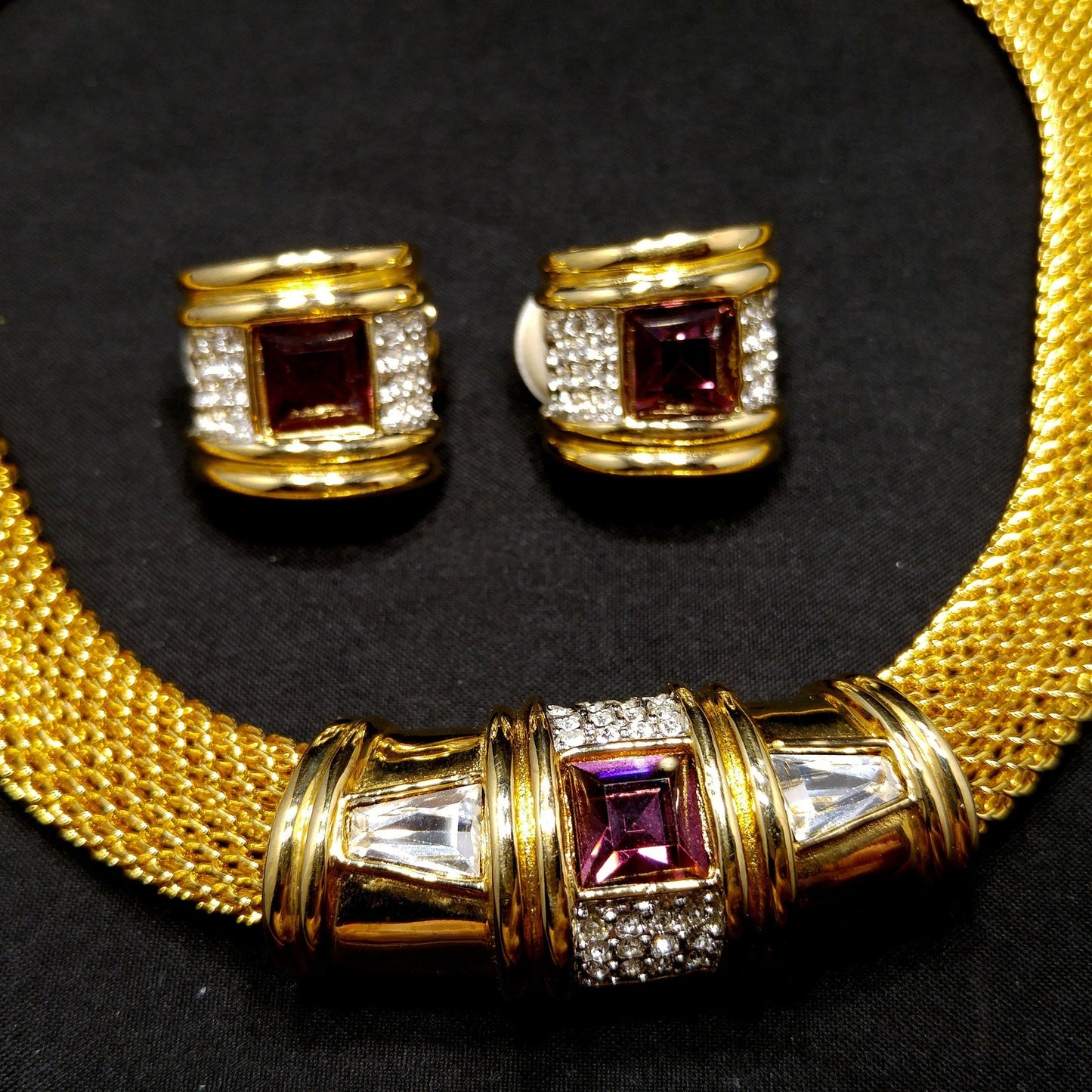 Purple Clear Rhinestone Necklace & Earrings, Gold Plated, 1980s Vintage Jewelry
