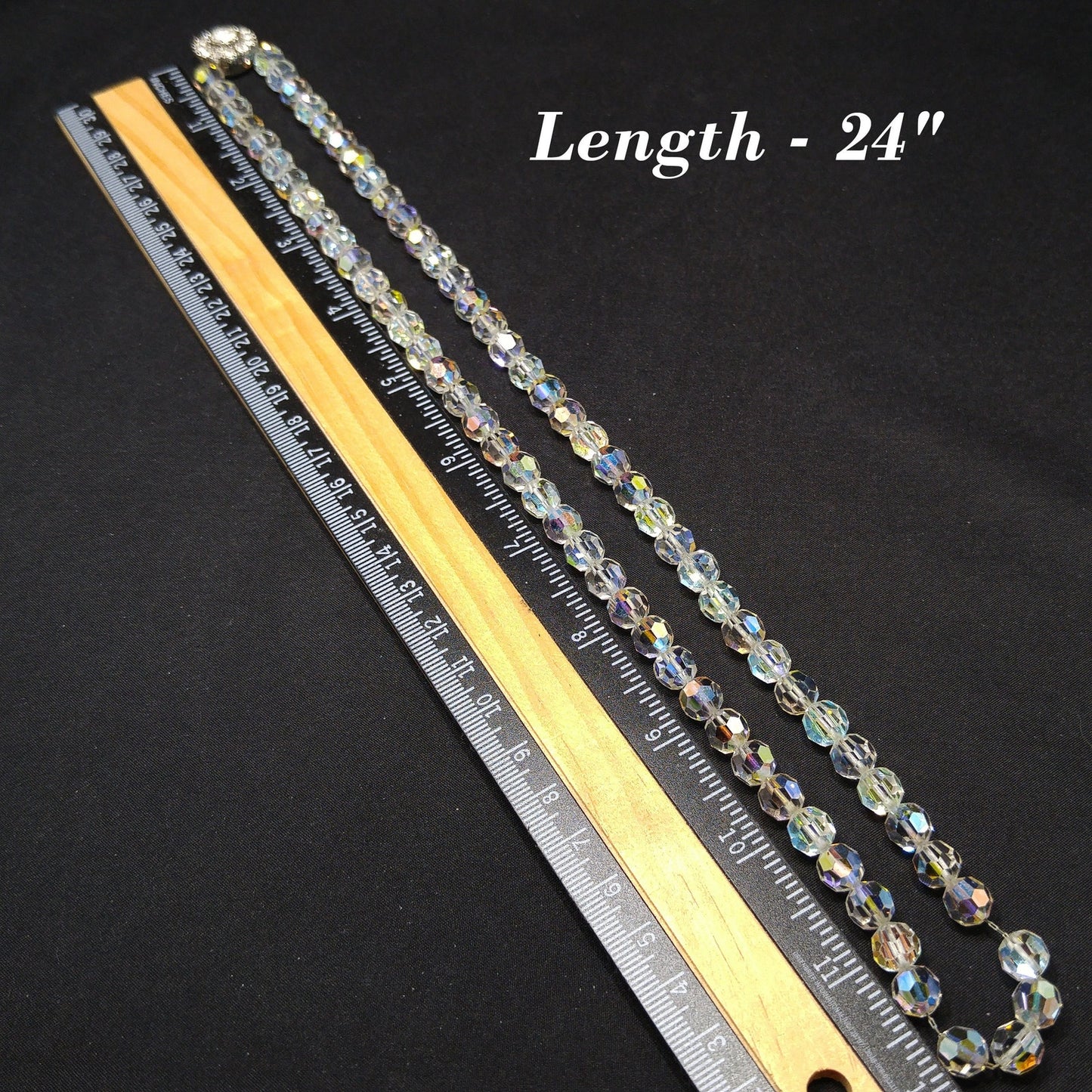 Bergere Aurora Borealis Crystal Long Necklace, Thread on Chain, Rhinestone Clasp, 1960s Vintage Jewelry