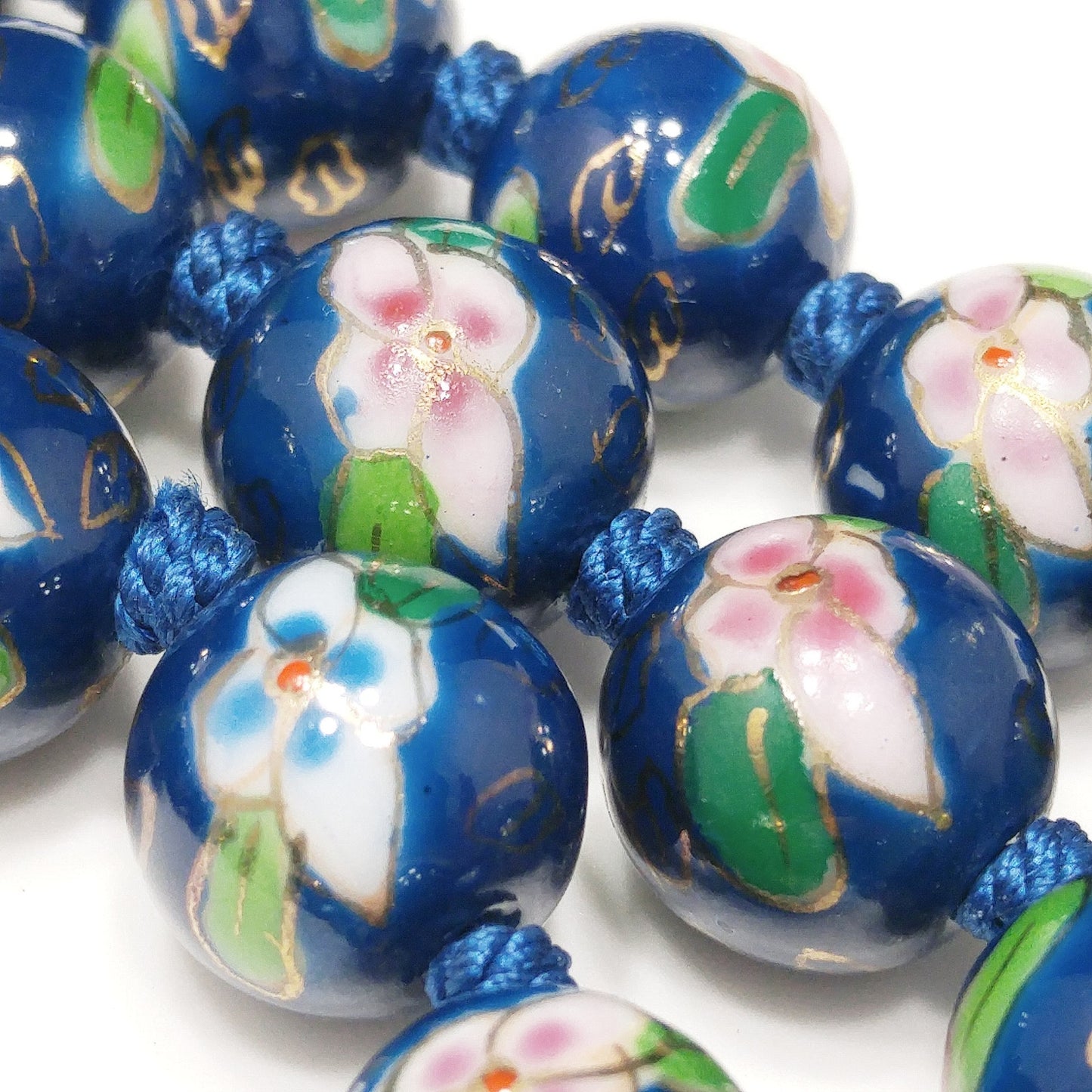 Vintage Chinese Hand Knotted Beaded Necklace, Blue Hand Painted Floral Beads, 1960s Vintage Jewelry