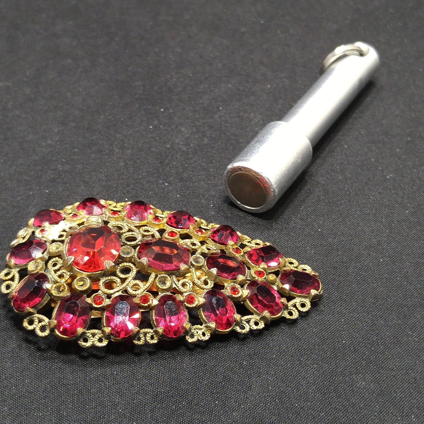 Antique Red Rhinestone Filigree Dress Clip, 1920s Vintage Jewelry
