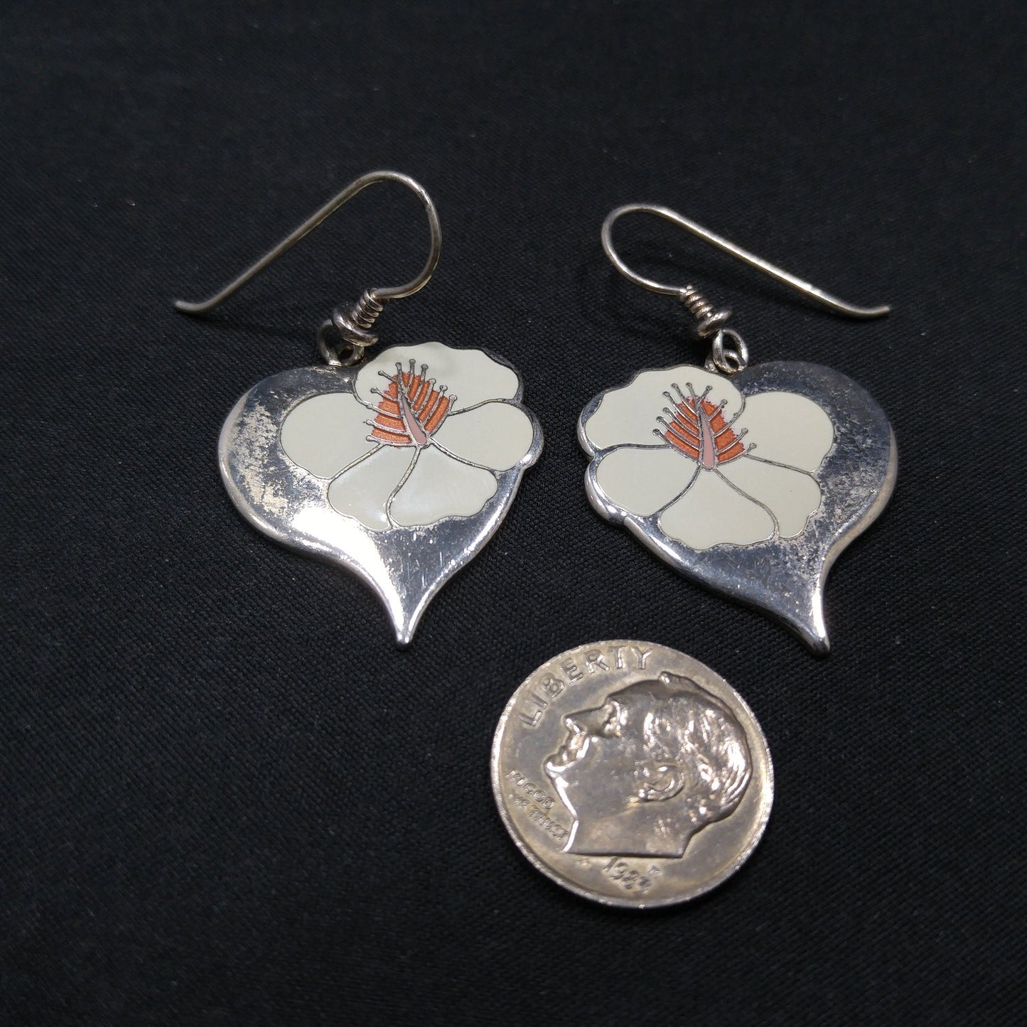 Vintage Laurel Burch "Hibiscus Heart" Earrings, Enamel Rhodium Plated
