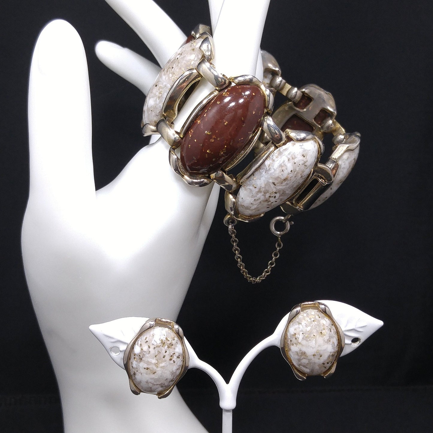 Lucite Confetti Cab Bracelet & Earrings, Gold Glitter Cabochons, 1950s Vintage Jewelry