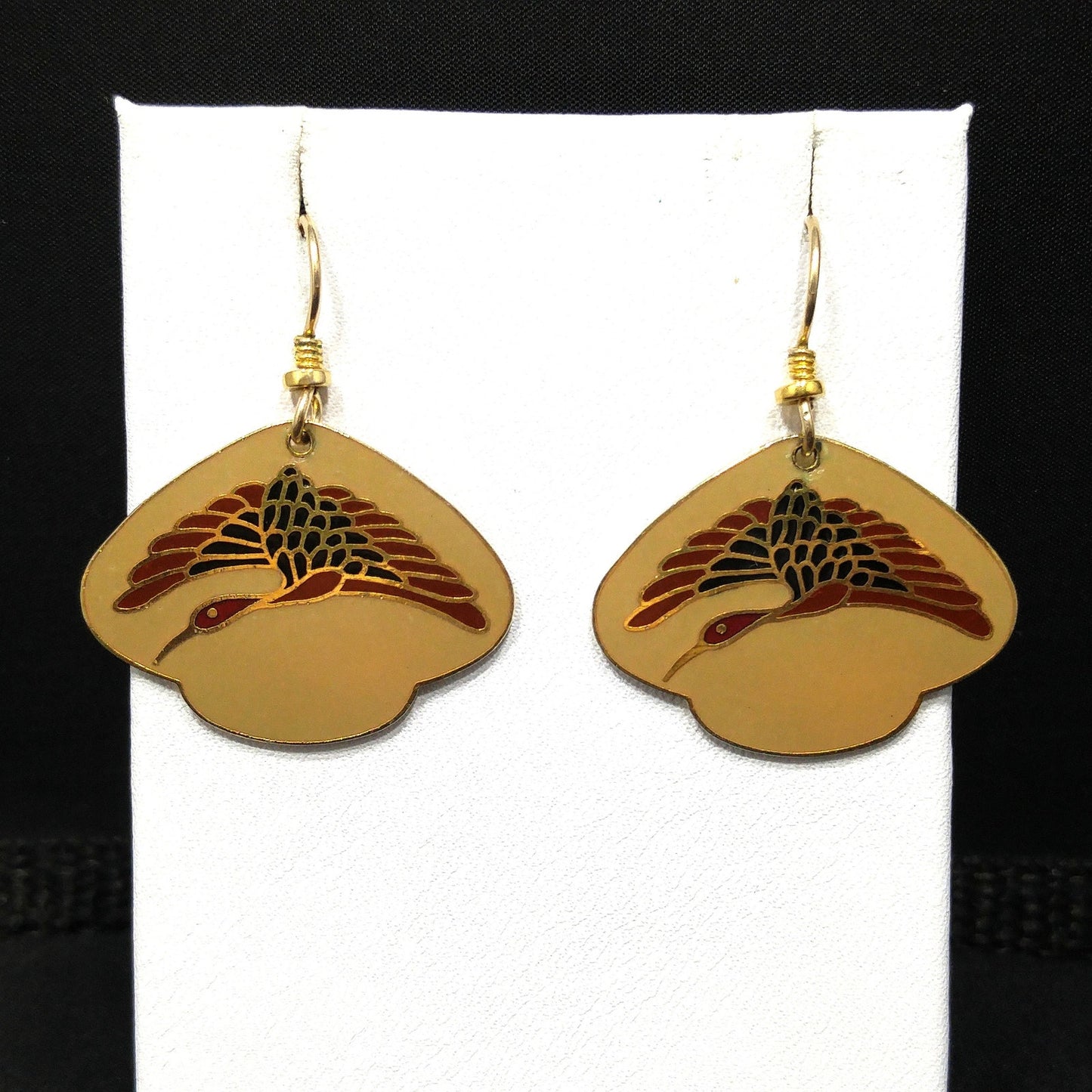 Vintage Laurel Burch Crane Bird Earrings, Gold Plated, Enamel Tan Dark Red Black