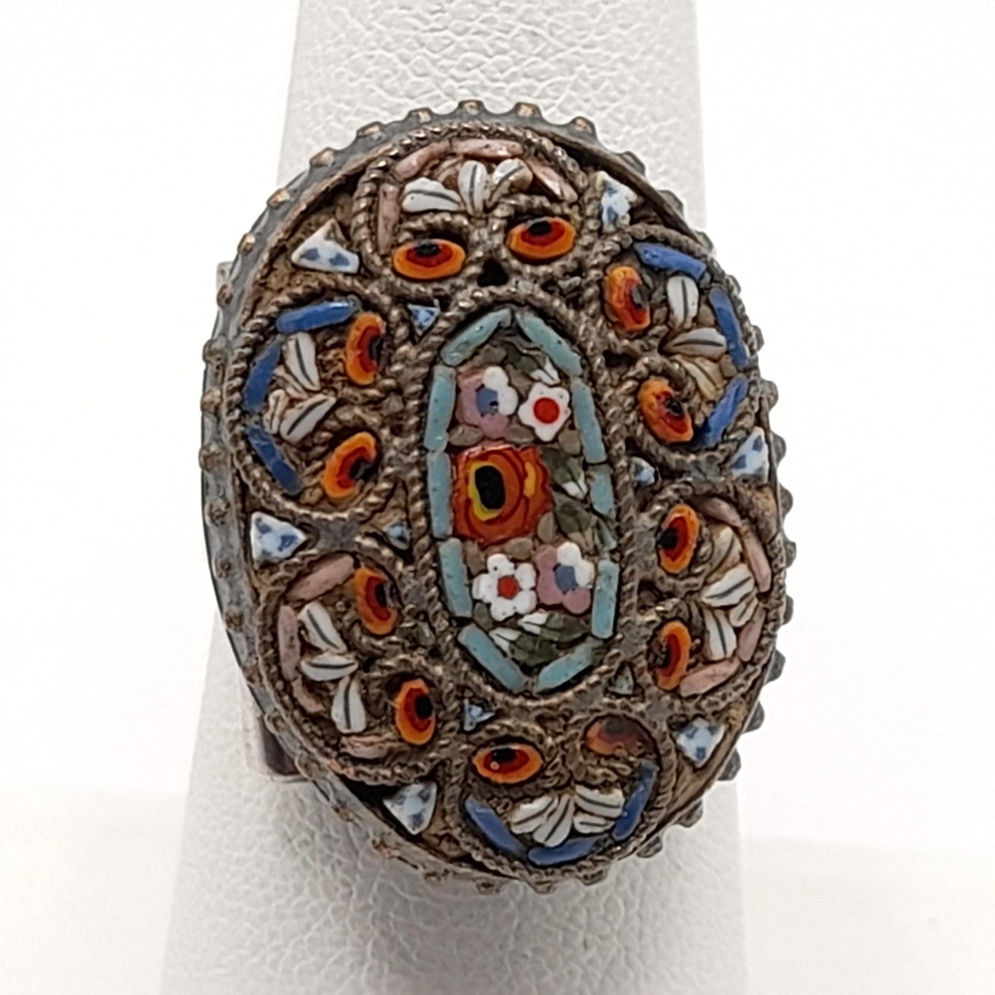 Vintage Micro Mosaic Poison Ring, Stamped Mexico, US Size 7 Adjustable