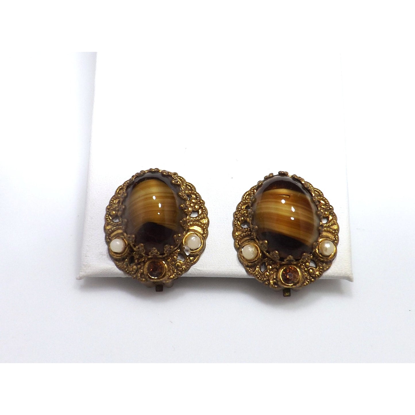 West Germany Art Glass Clip Earrings, Filigree Background, 1950s Vintage Jewelry