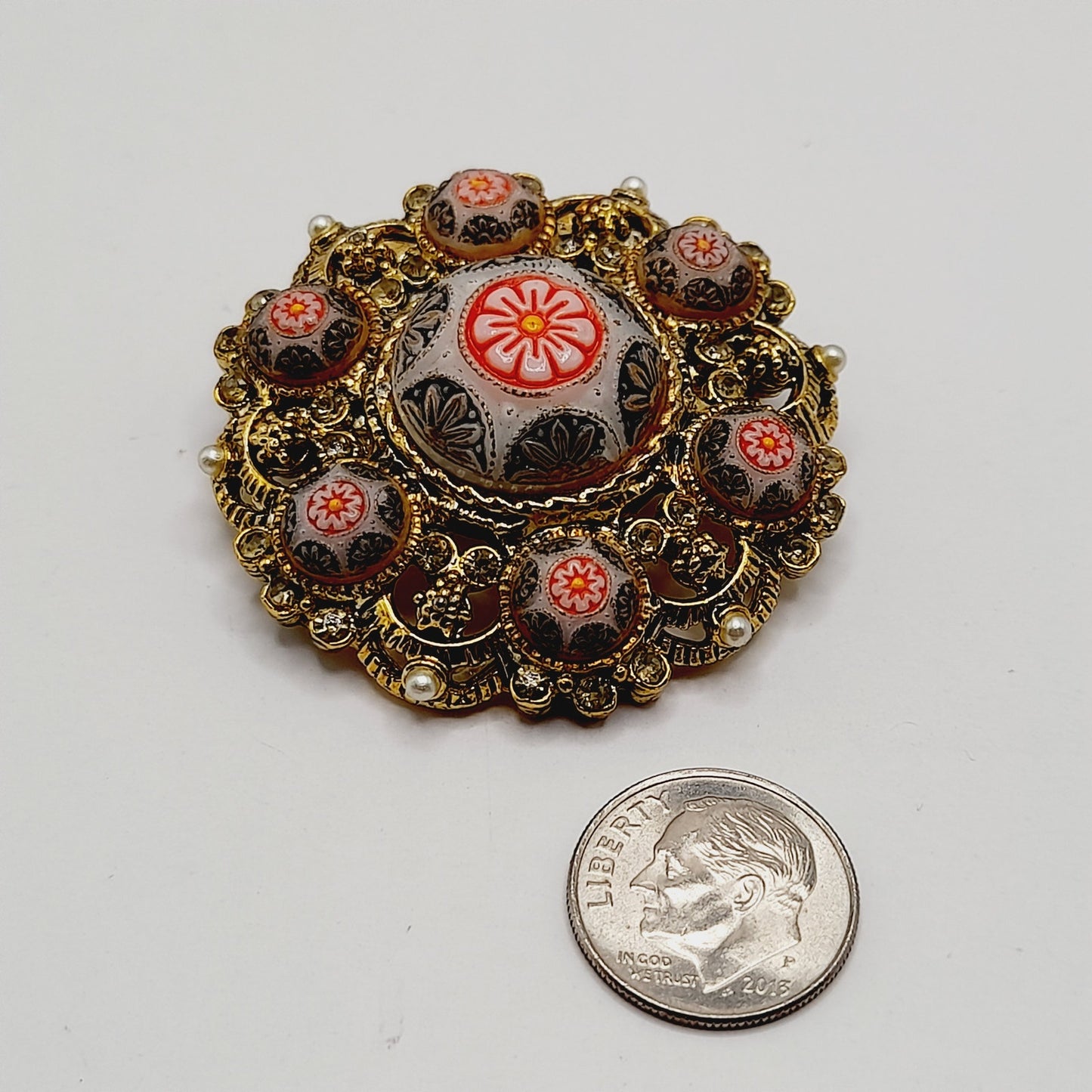 Vintage Micro Mosaic Floral Brooch, Gold Tone Filigree, 1 3/4 Inches