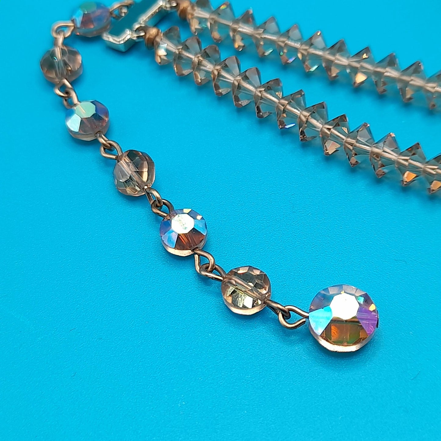 Light Topaz Crystal Necklace, Aurora Borealis, Rhinestone End Bars, 1960s Vintage Jewelry