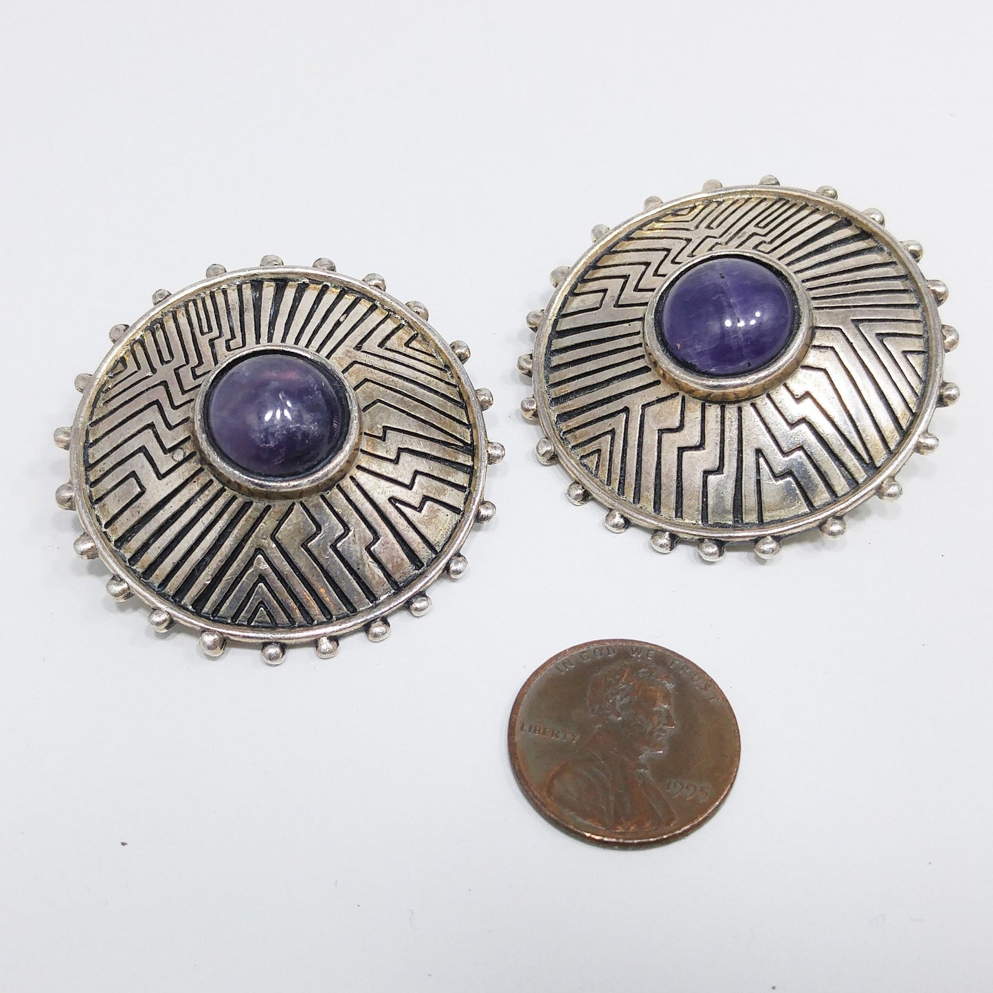 Laurel Burch Amethyst Clip Earrings, Purple Gemstone, Gold Plated, 1980s