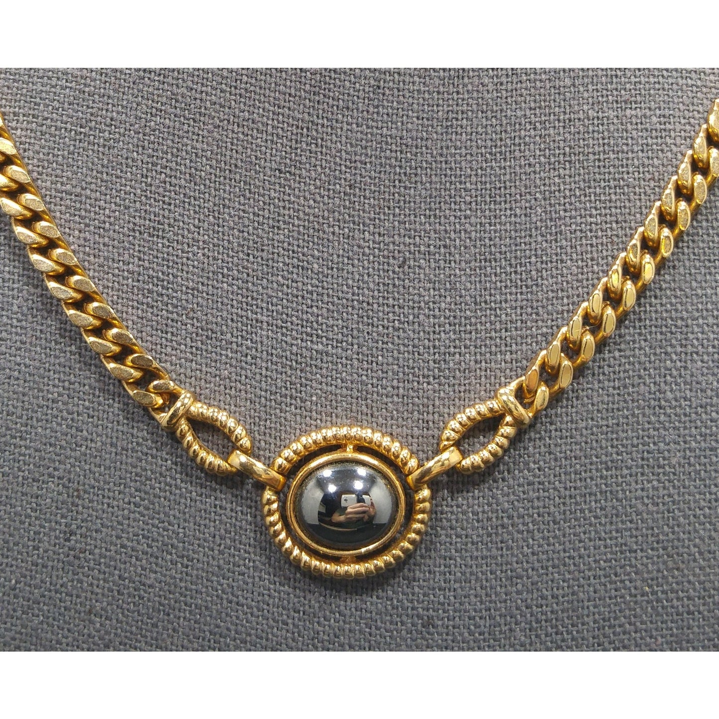 Louis Feraud Paris Gold Plated Pendant Necklace, Hematite Pendant, 1970s Vintage Jewelry