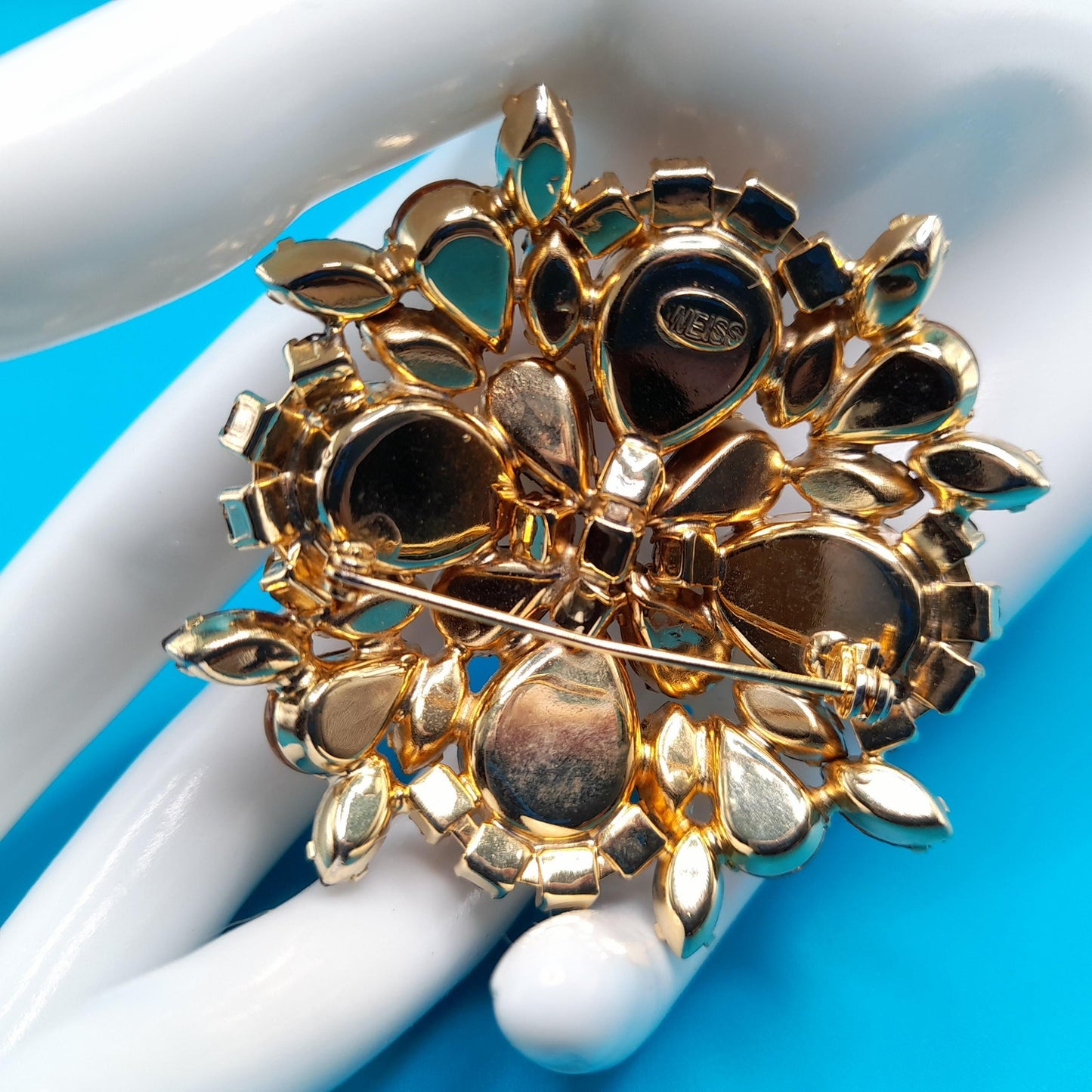 Vintage Weiss Brooch, Art Glass Cabochons, Gold Plated, 1960s Jewelry