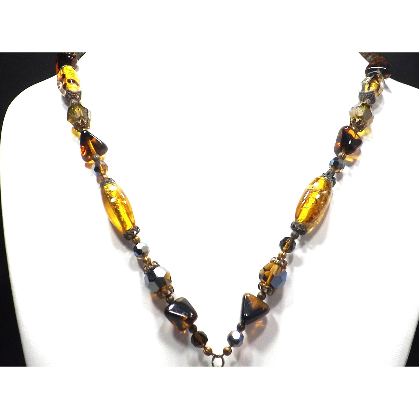 Gold Foil Art Glass Autumn Beaded Necklace, Multi-strand Tassel, 1970s Vintage Jewelry