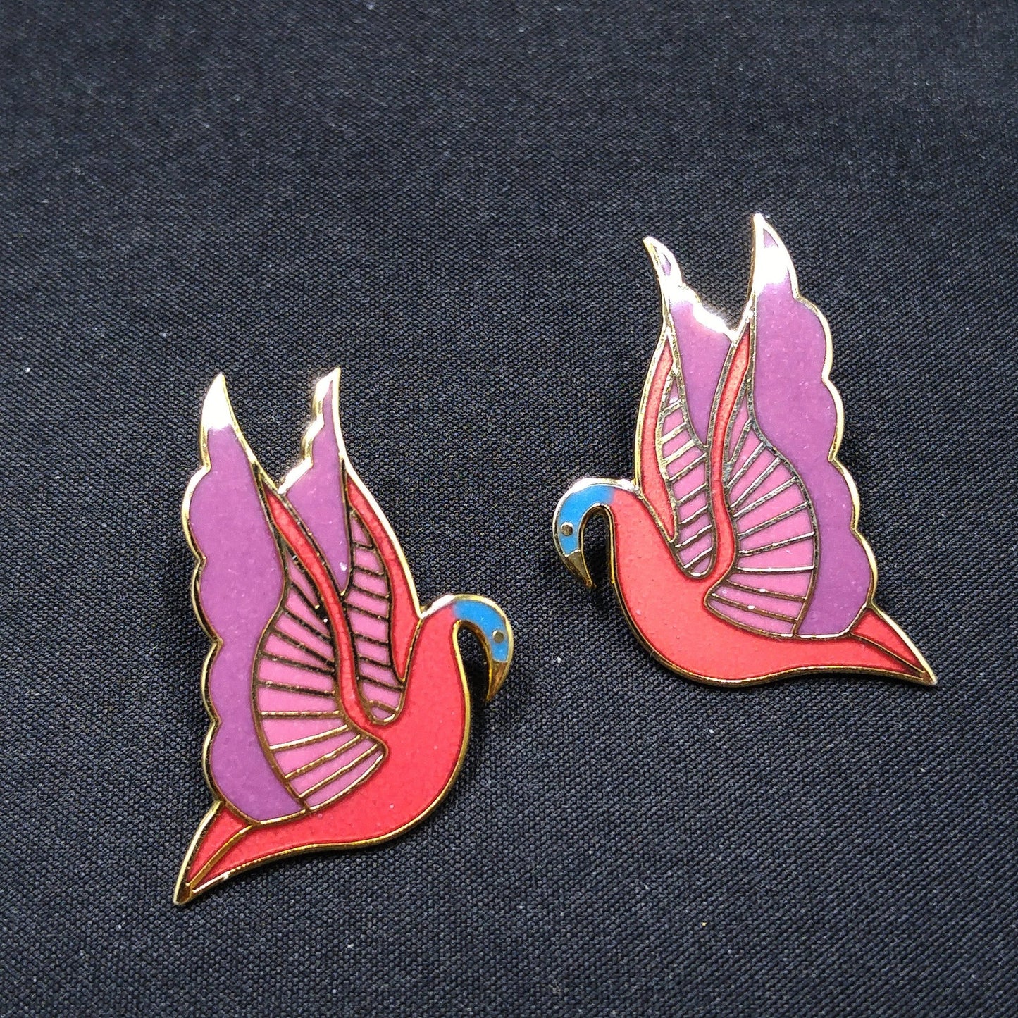 Laurel Burch "Swan" Cloisonné Post Earrings, Red Purple Pink Blue Enamel, Gold Plate, 1980s Vintage Jewelry