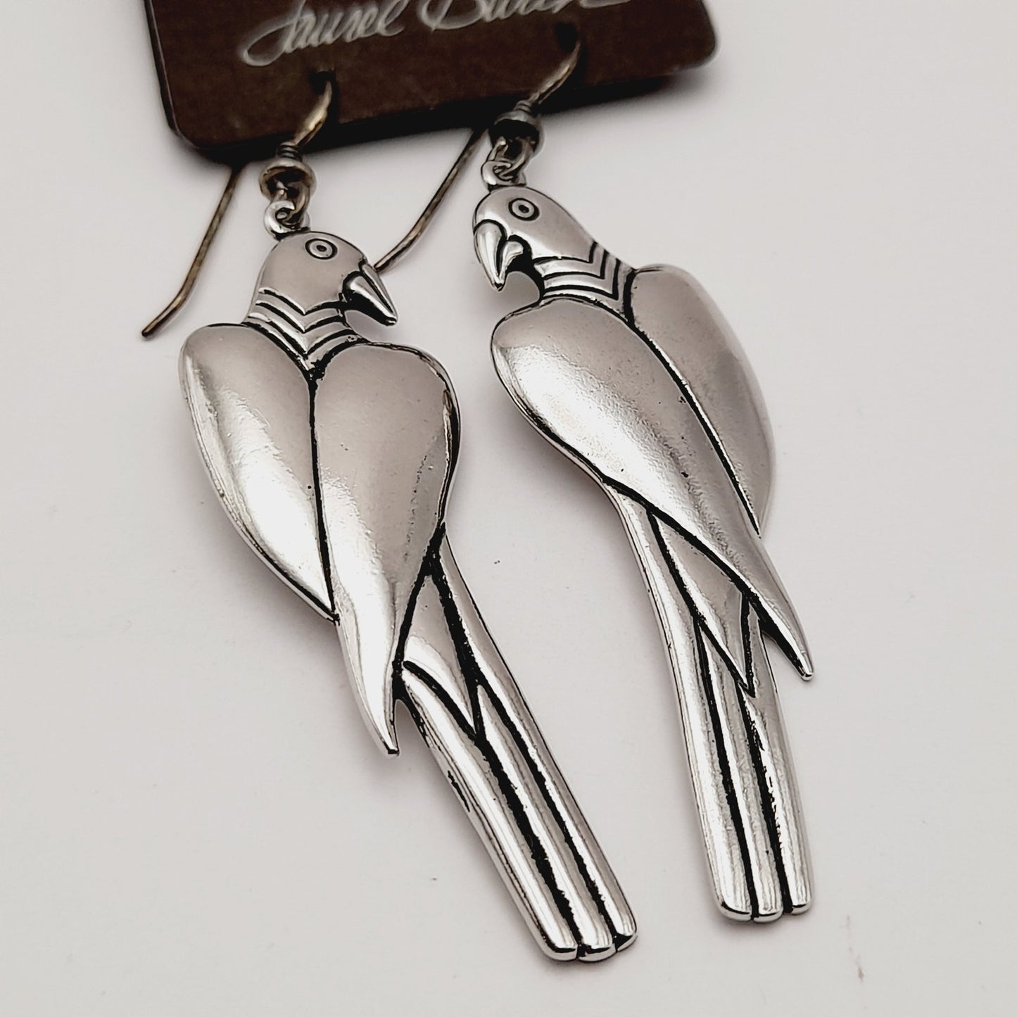 Vintage 1988 Laurel Burch Parrot Earrings – Original Card – Silver Tone Dangle Jewelry