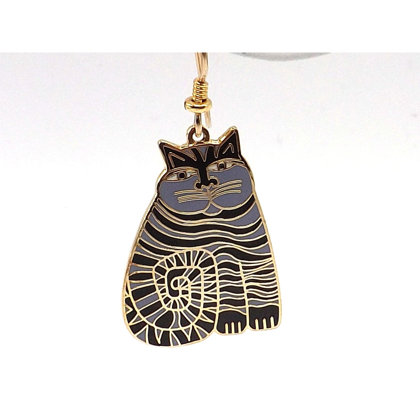 Laurel Burch Shambala Cat Earrings, Black Lavender Enamel, Gold Plated, 1980s Vintage Jewelry