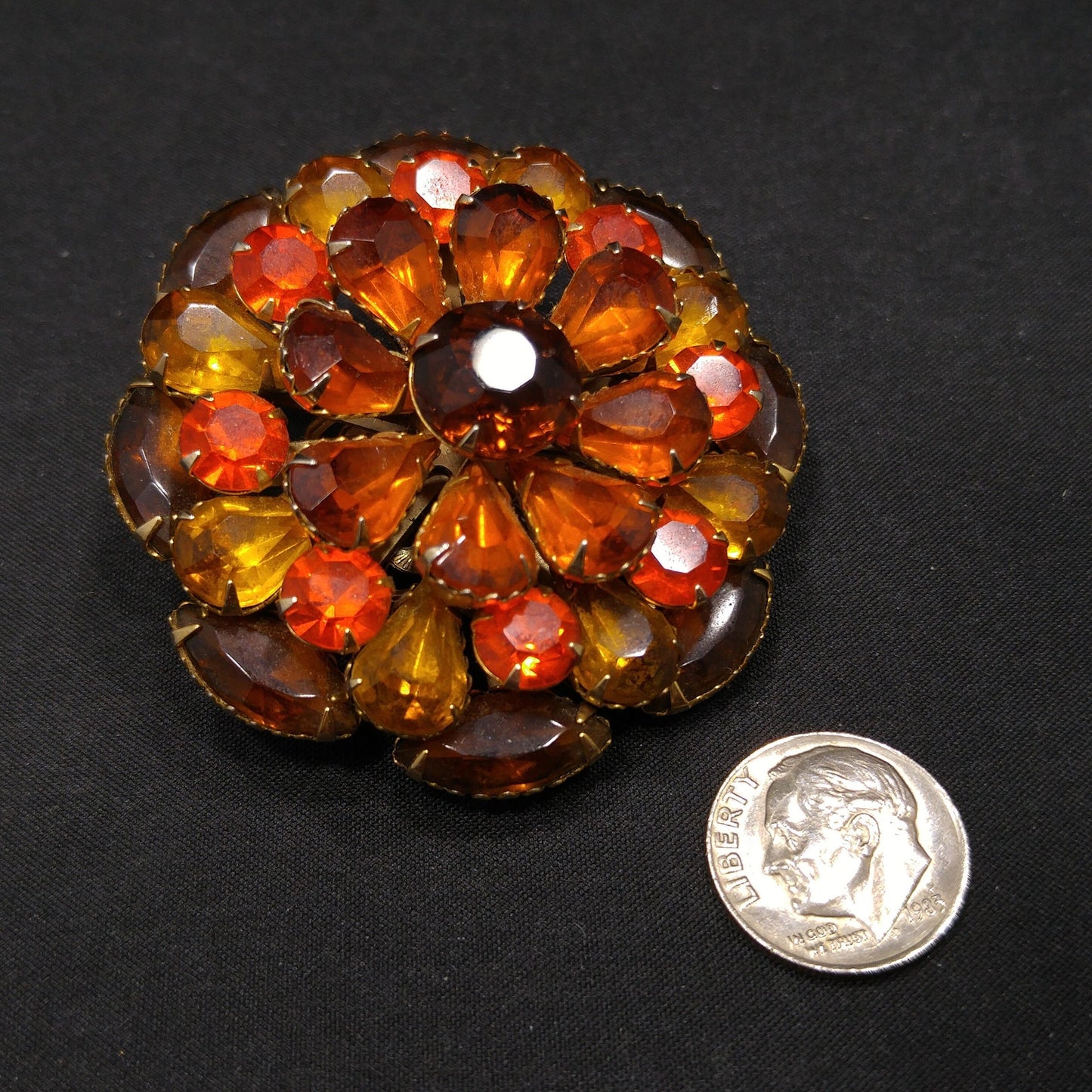 Autumn Fall Rhinestone Flower Brooch, Riveted Design, 1950s Vintage Jewelry