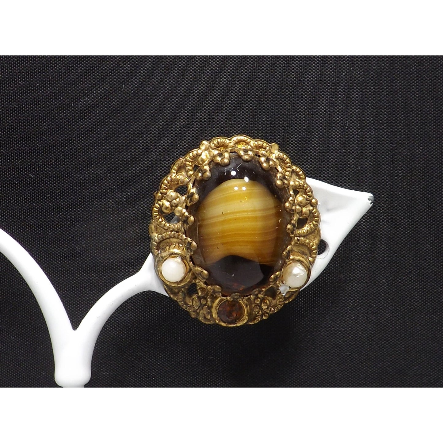 West Germany Art Glass Clip Earrings, Filigree Background, 1950s Vintage Jewelry