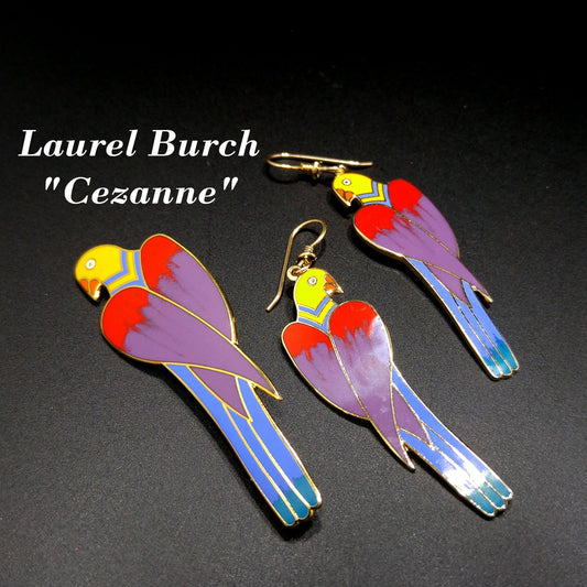 Laurel Burch Cezanne Parrot Earrings & Brooch Set, 22 KG Plated Cloisonné Enamel, 1980s Vintage Jewelry