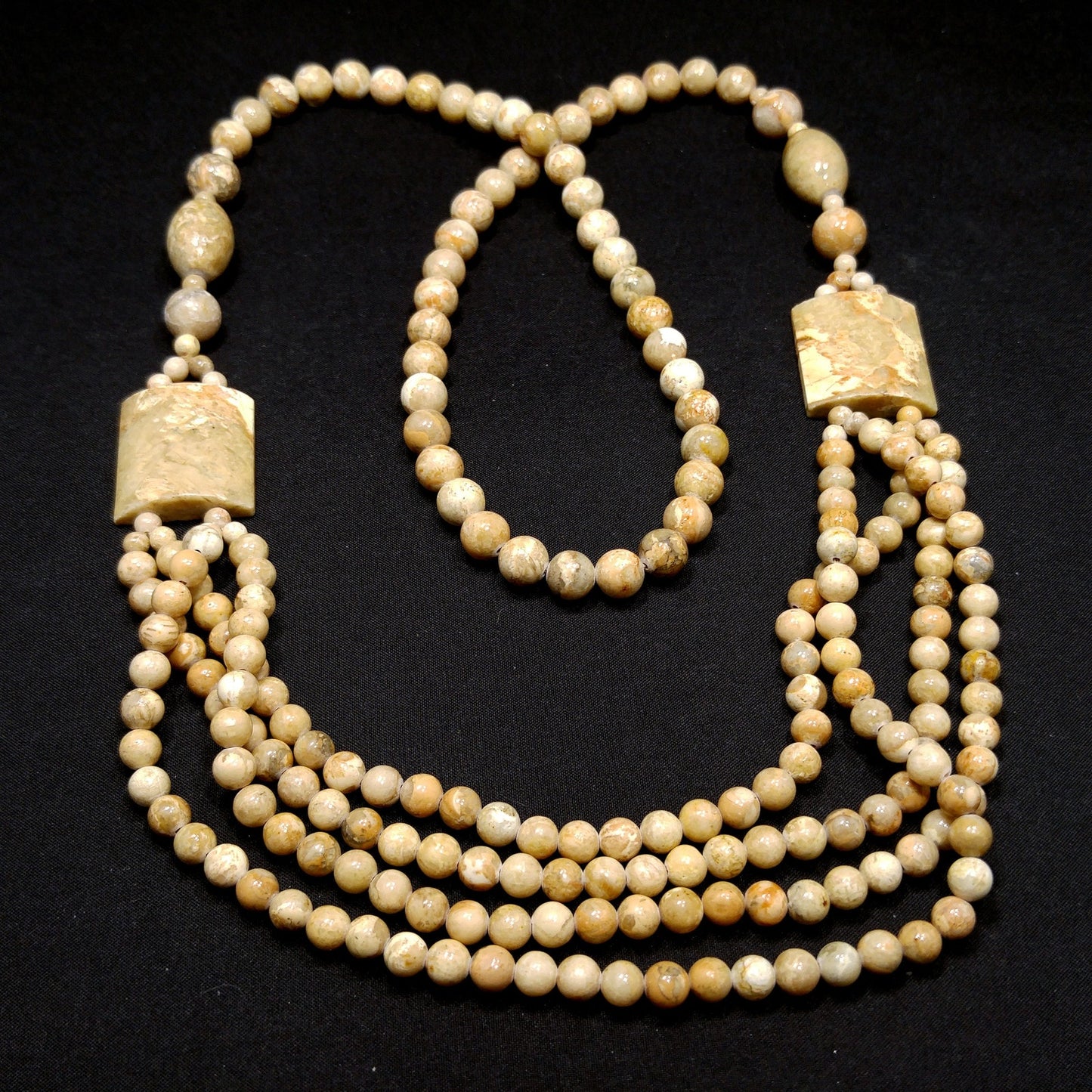 Gemstone Long Beaded Necklace, No Clasp, Four Strands in Front, 1970s Vintage Jewelry