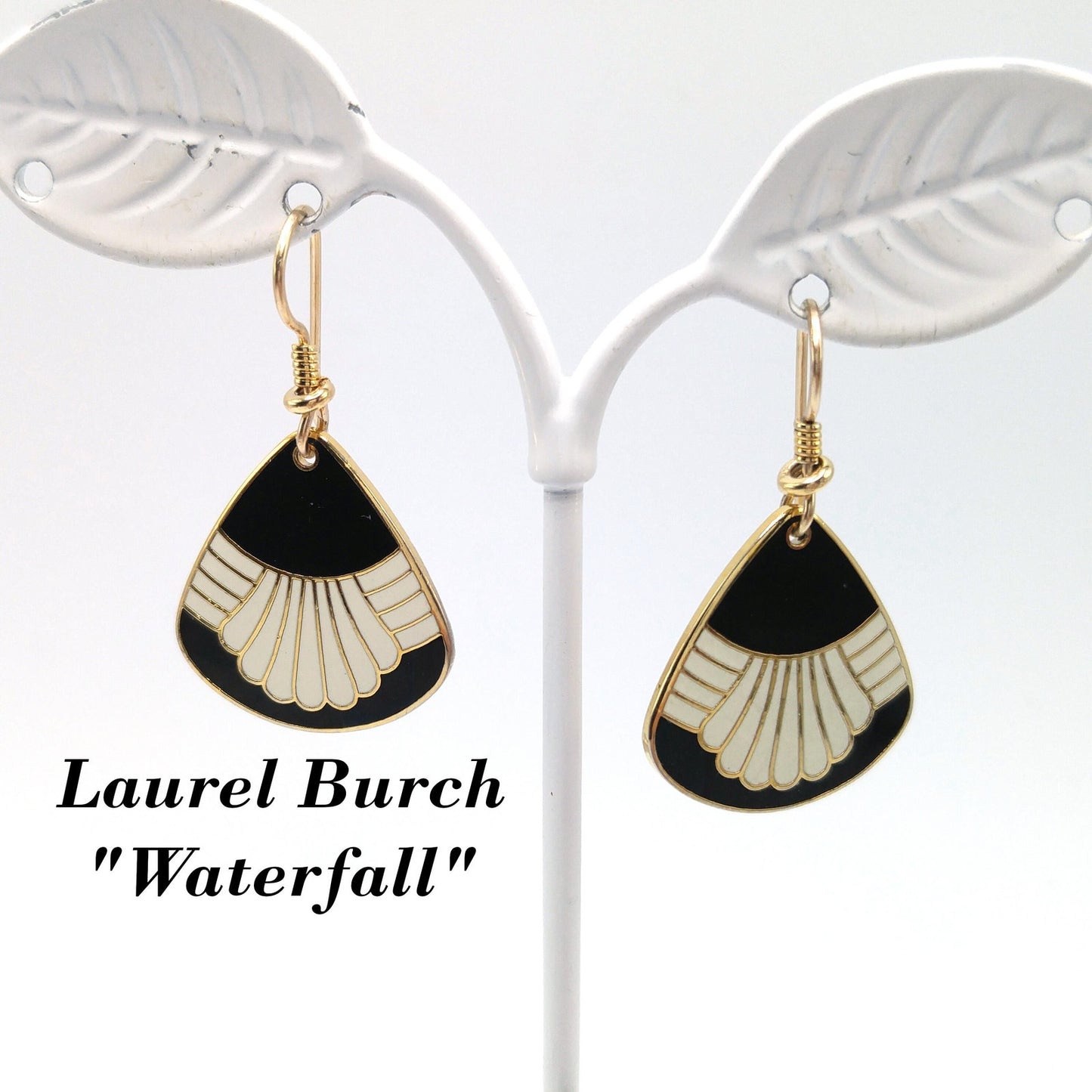 Vintage Laurel Burch "Waterfall" Drop Earrings, Black White Enamel, Gold Plated