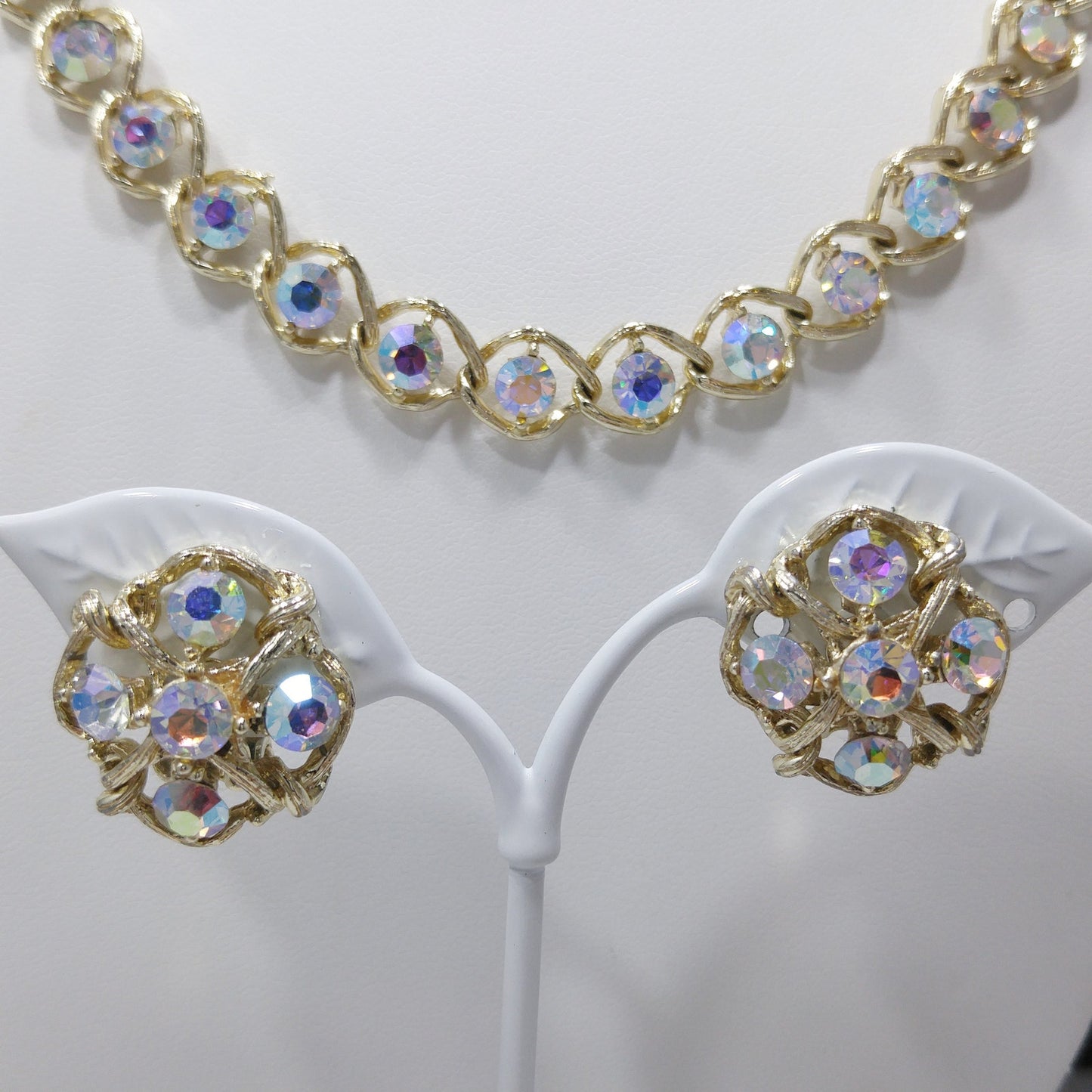 Aurora Borealis Rhinestone Necklace Bracelet & Earrings, Gold Plated, 1960s Vintage Jewelry