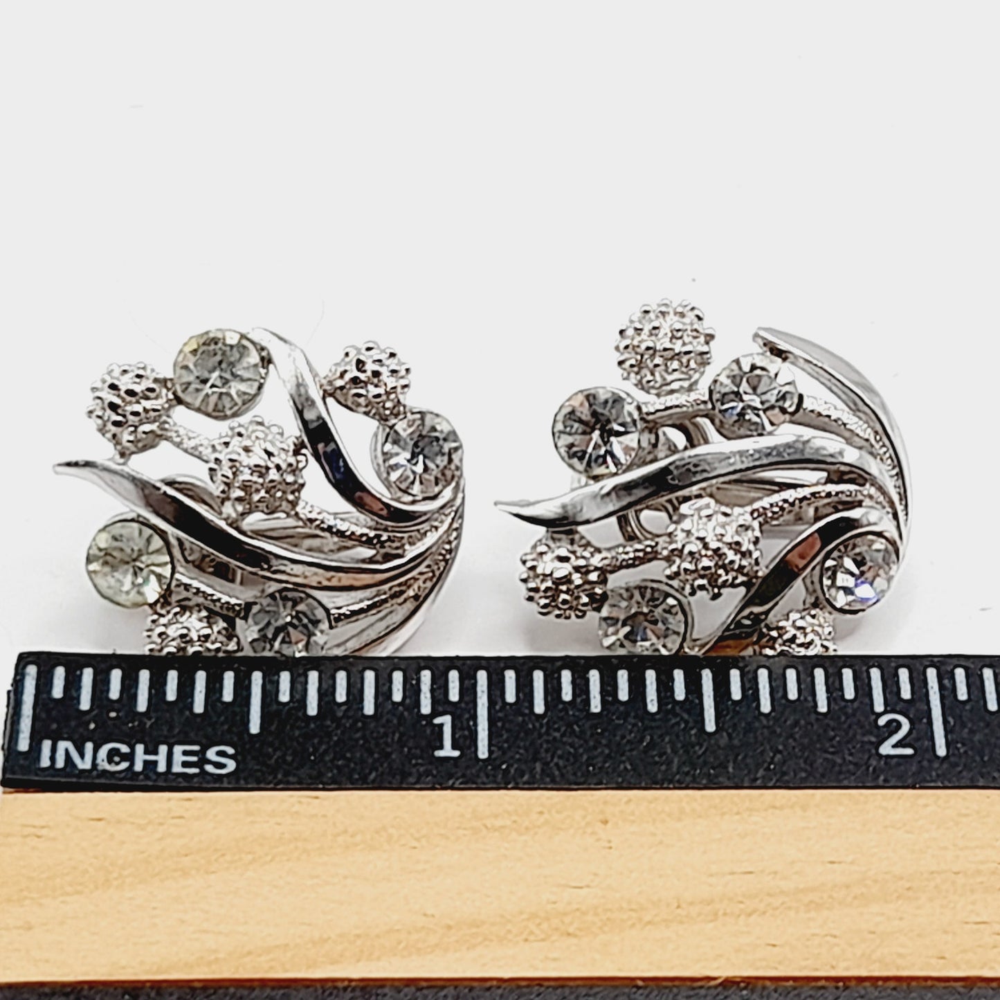 Vintage Crown Trifari Rhinestone Clip Earrings – Rhodium Plated Mid Century Jewelry