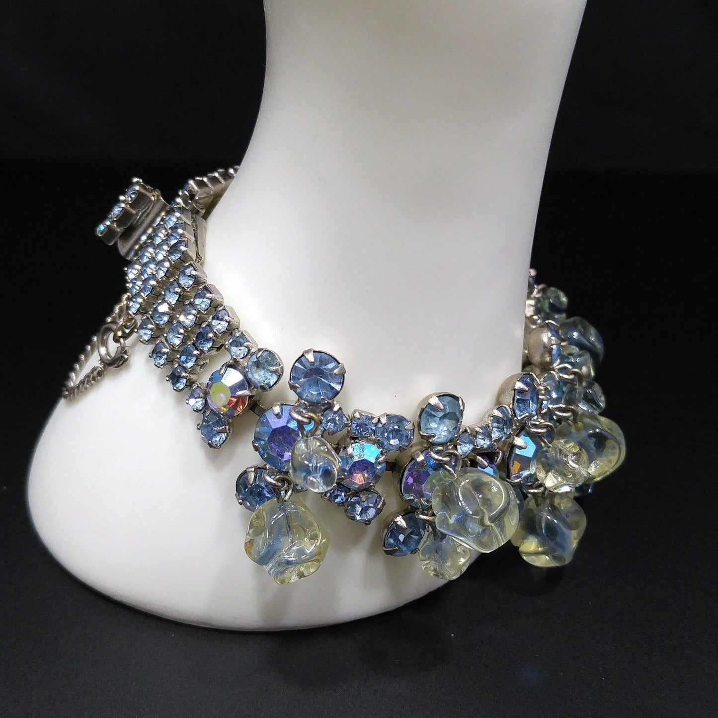 Light Blue AB Rhinestone Bracelet, Glass Dangle Clear Beads, Rhodium Plated, 1950s Vintage Jewelry